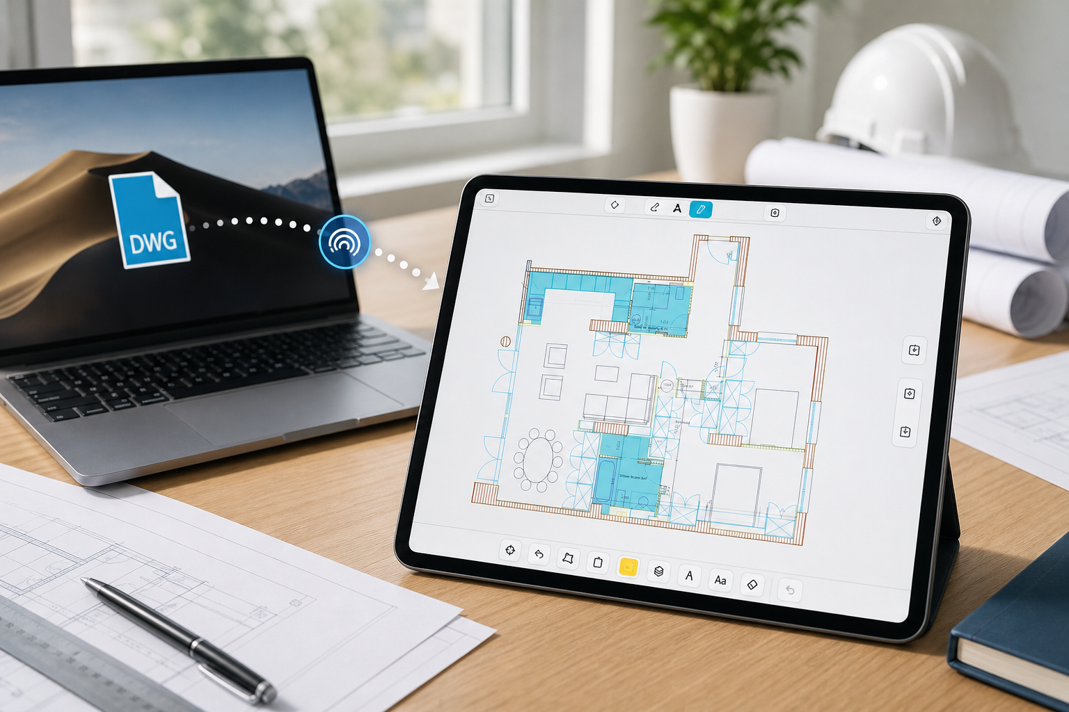 iPad receiving a DWG from a Mac with Files and a local review workflow visible