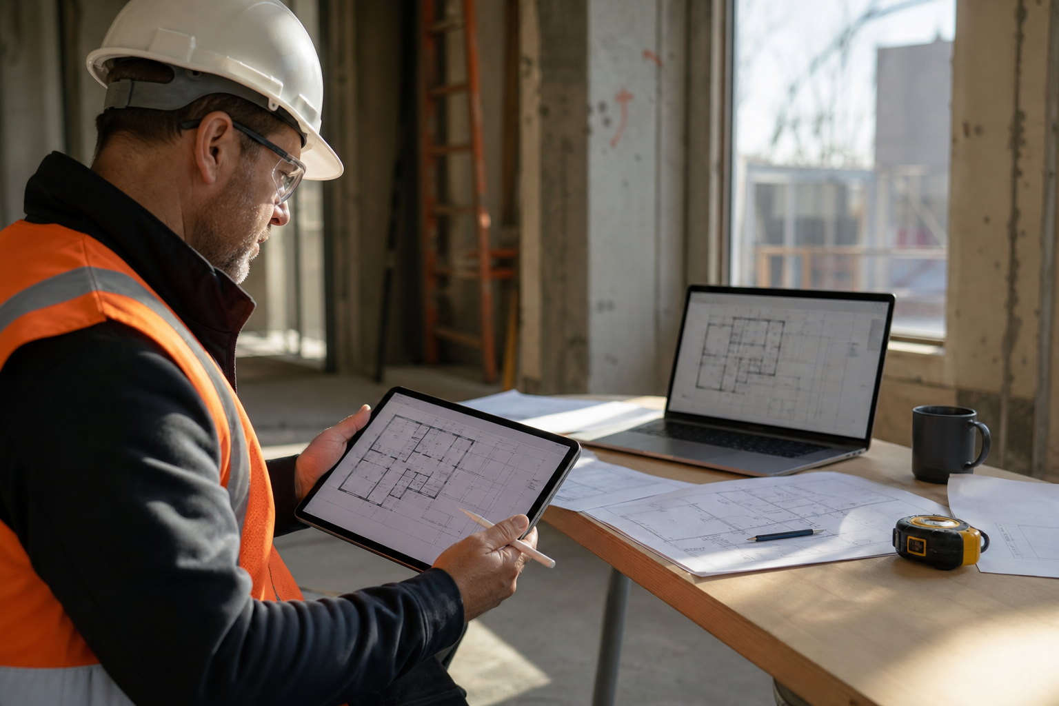 Construction professional reviewing a DWG on iPad with a Mac ready for the return handoff