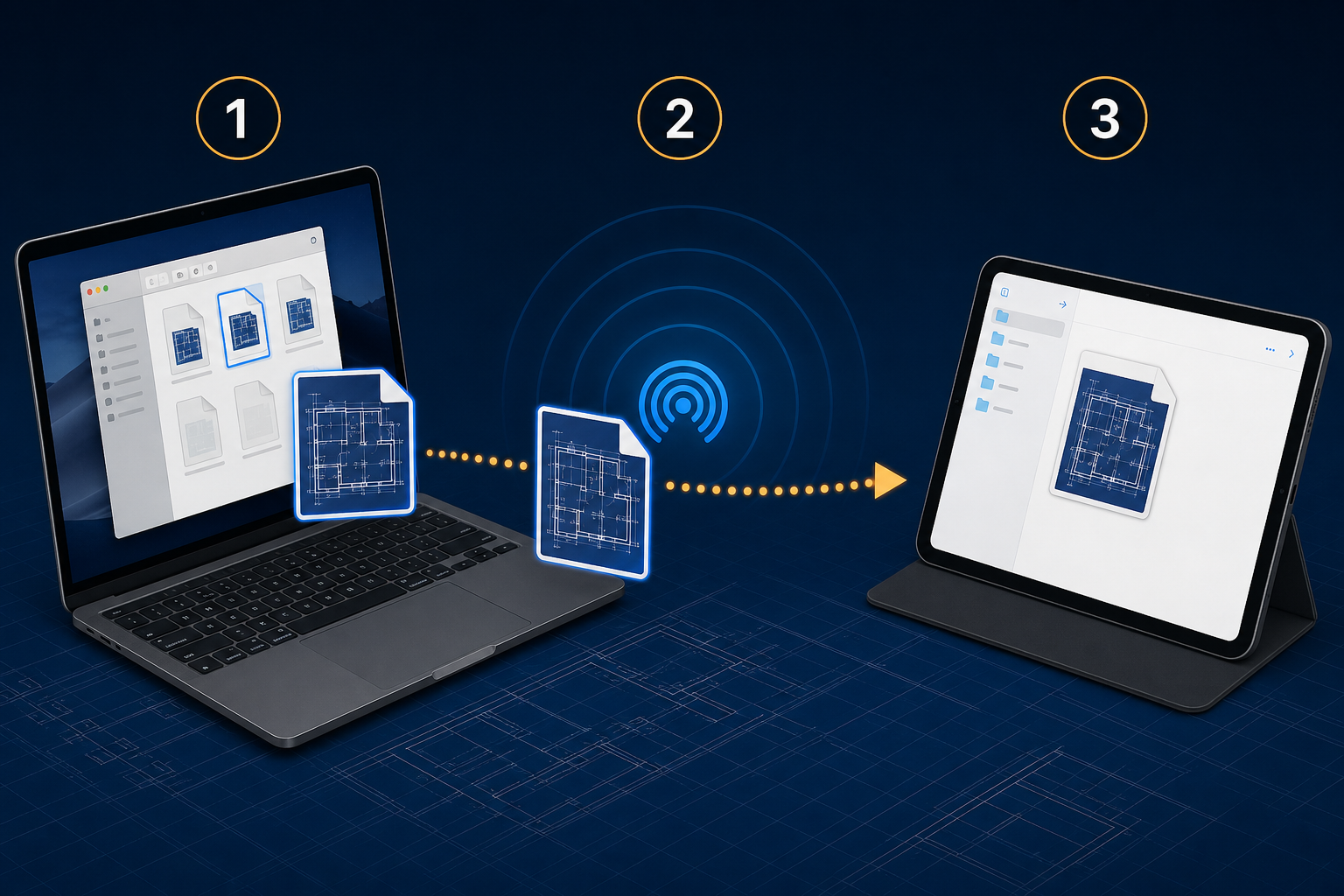 Three-step sequence showing a DWG selected in Finder, sent with AirDrop, and saved in Files on iPad