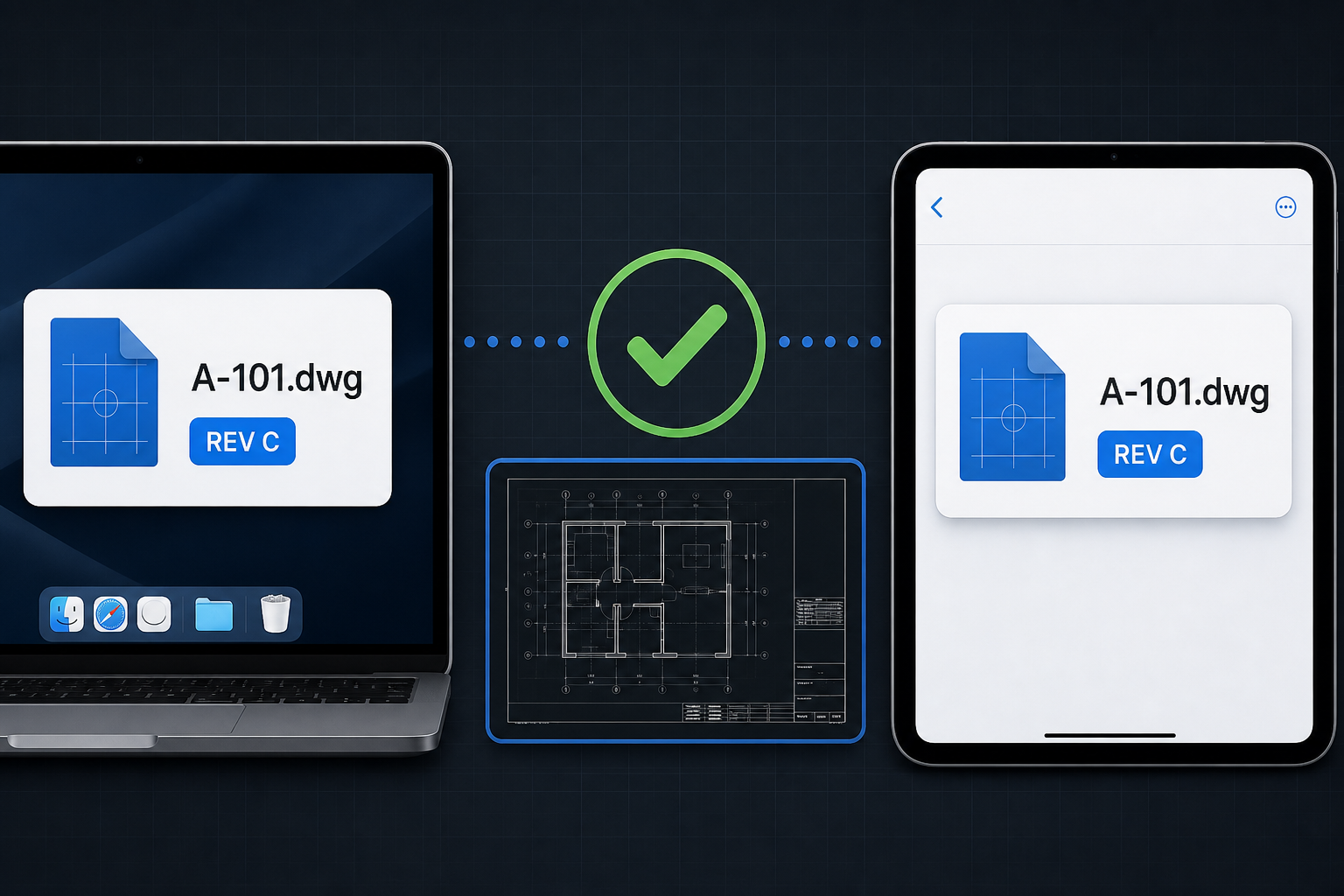 Matching A-101 DWG filename and revision C on Mac and iPad with a verification checkmark