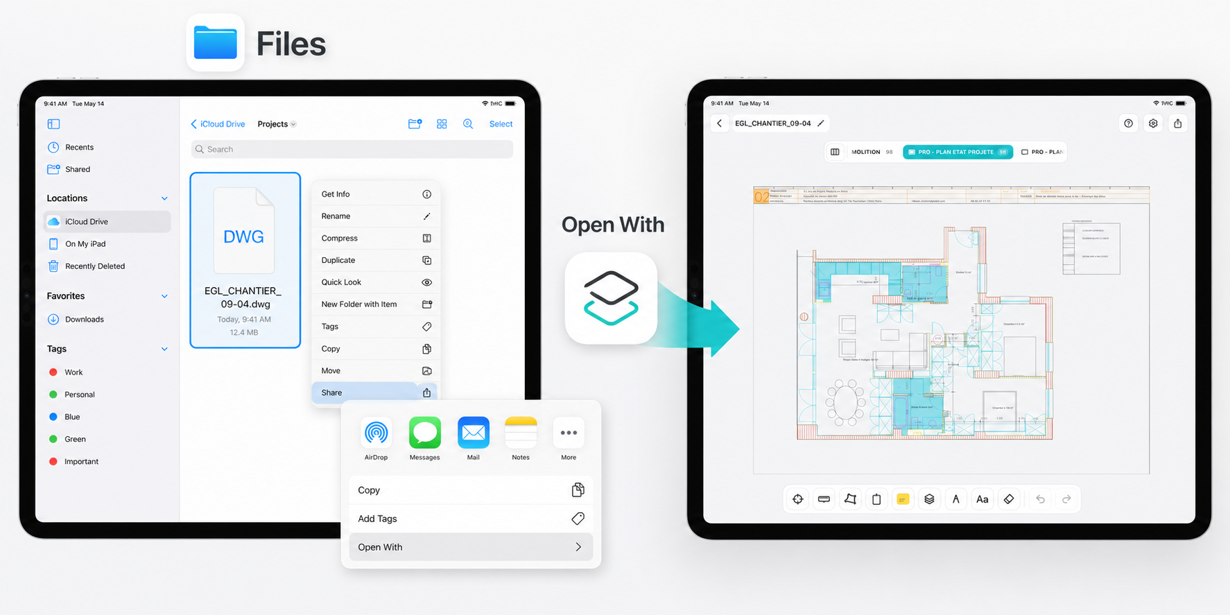 iPad Files workflow showing a DWG file, Open With choice, and PlanInspect ready to receive the drawing