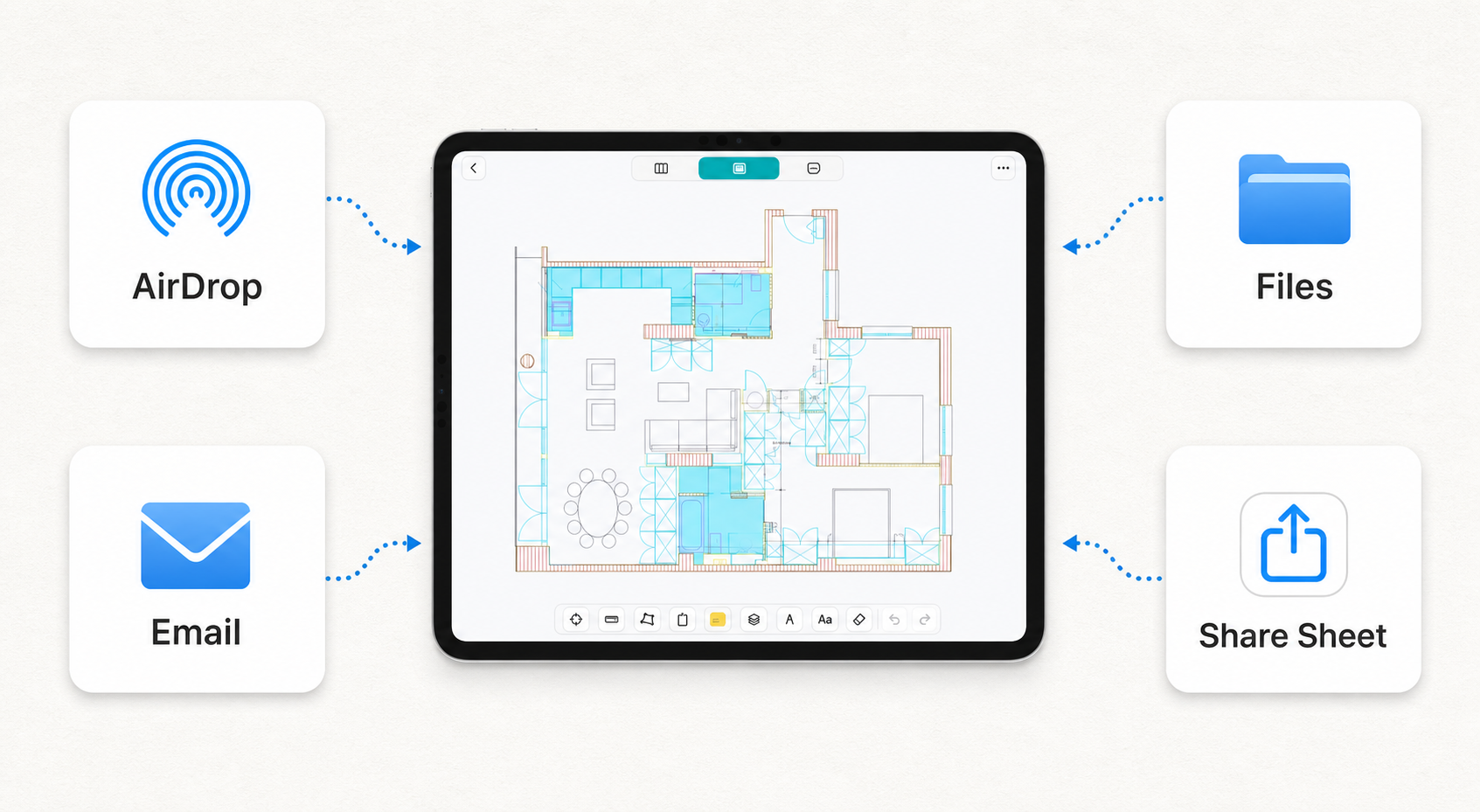 Comparison image showing AirDrop, email, shared folder, and Files-based DWG handoff paths on iPad