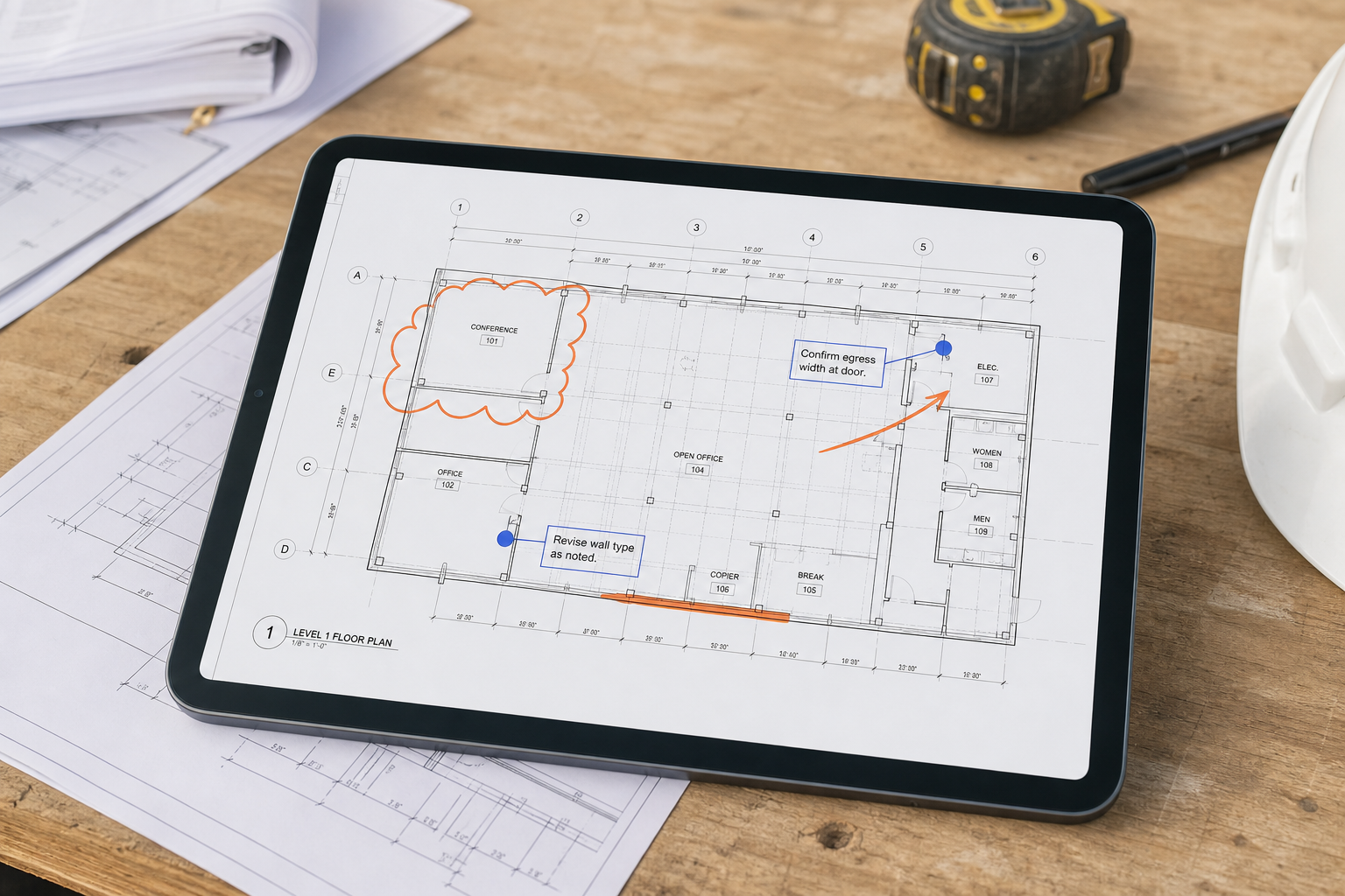 iPad showing a DWG floor plan with note pins, highlight markup, and the original drawing still visible underneath