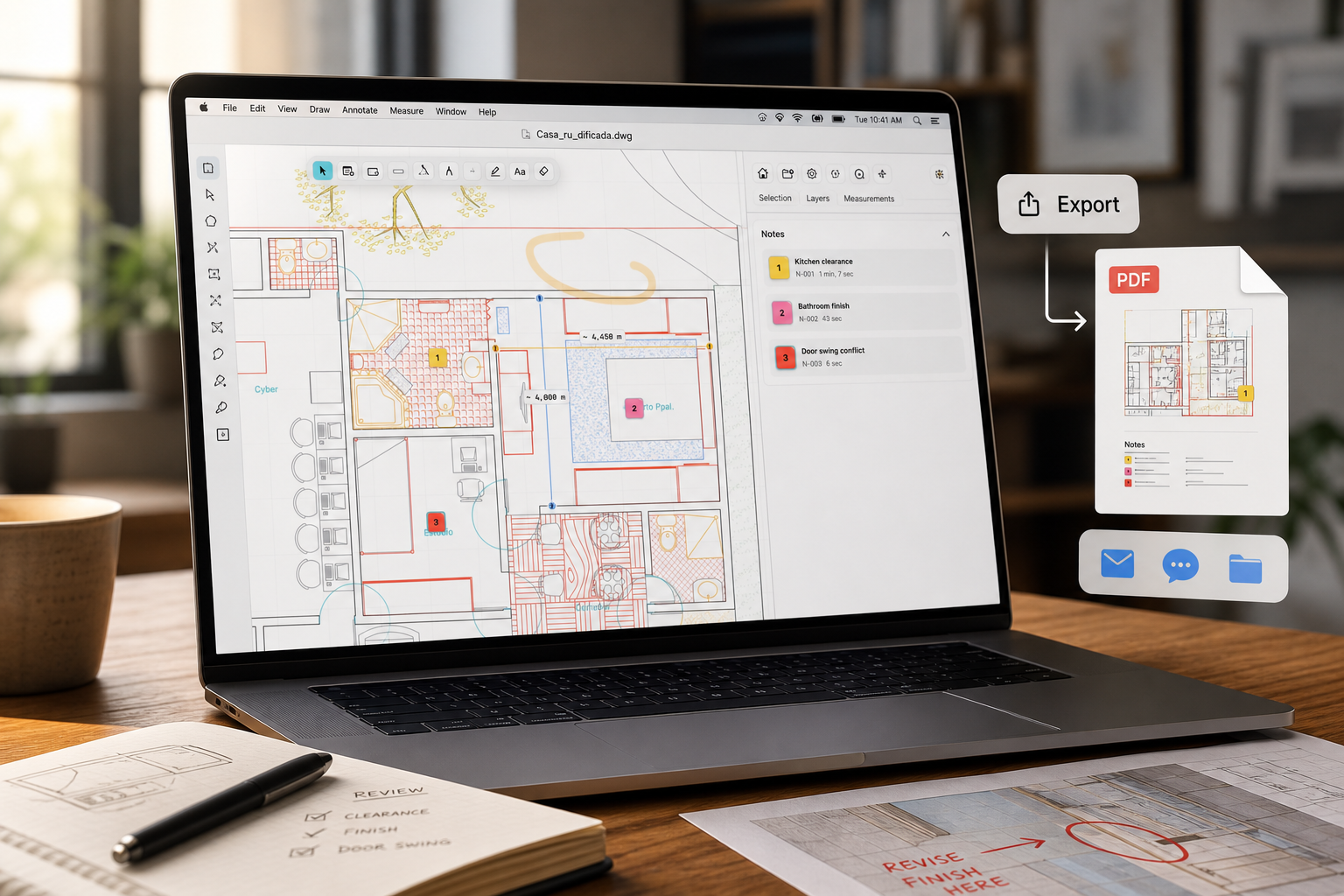 Mac DWG review handoff scene with drawing annotations prepared for export