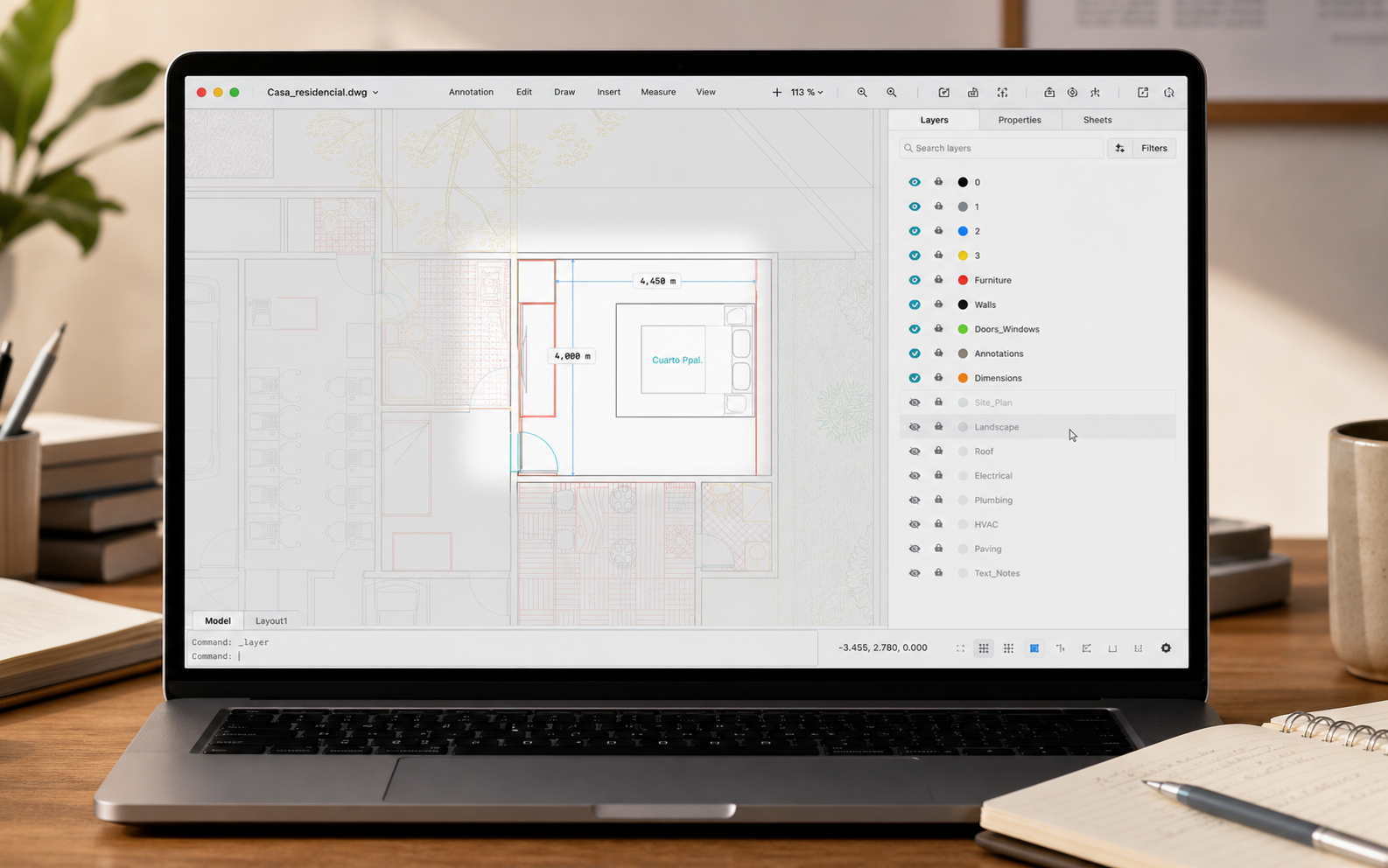 Mac DWG review scene with simplified layer visibility before adding markups