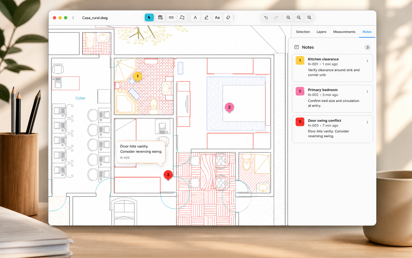Native Mac DWG review workspace with notes anchored to a plan