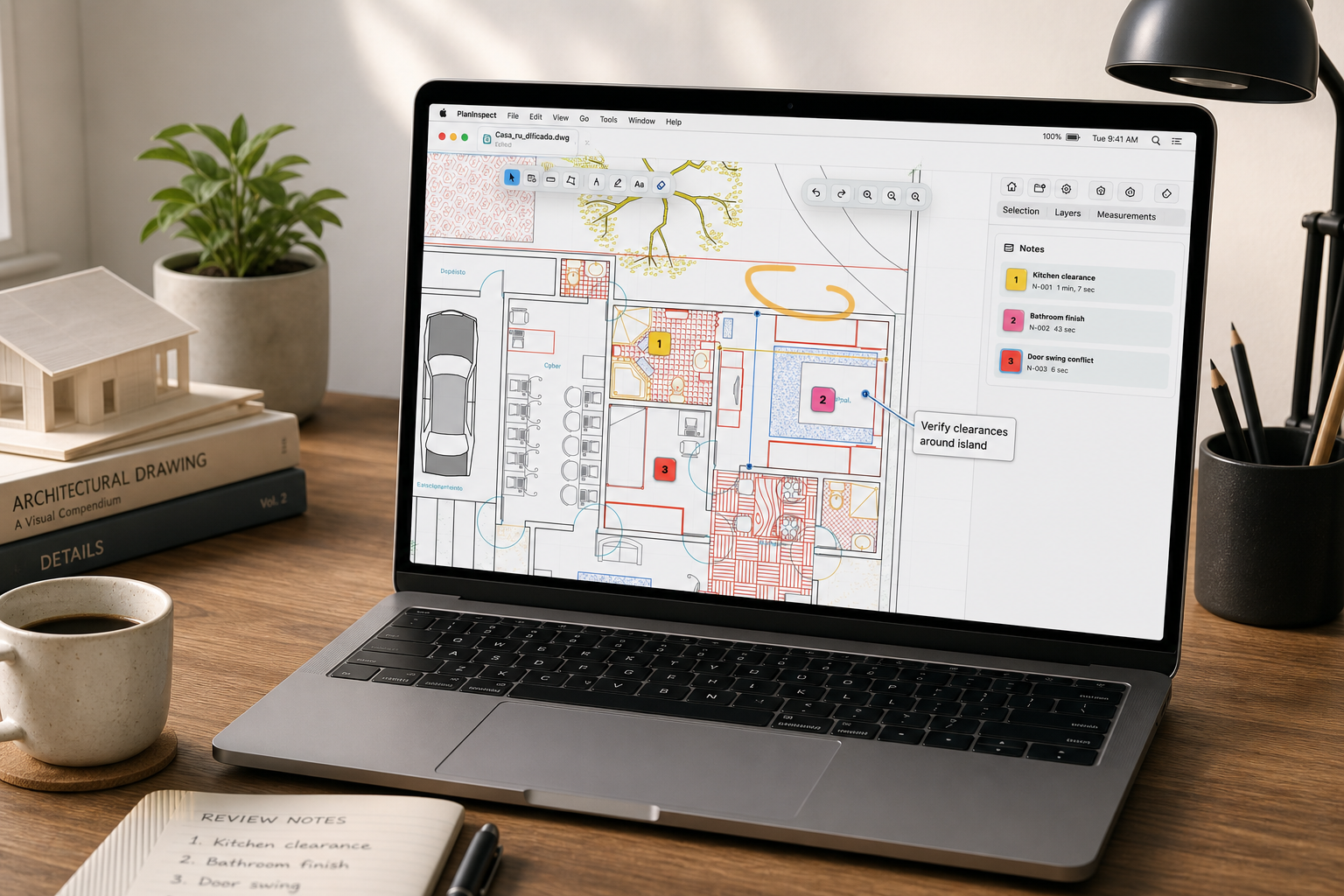 Mac desktop showing a DWG plan with review notes and markup overlays in a native local workflow