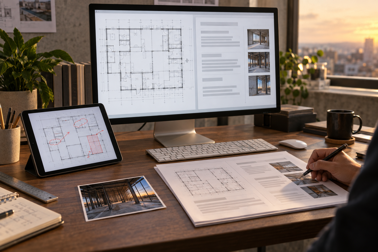 Mac desk with a generic construction plan, reviewed report layout, tablet markup, and field photo ready for final quality control