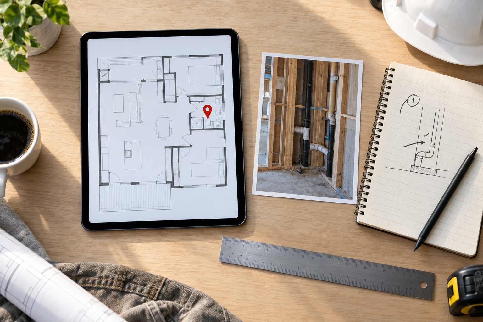Tablet plan pin, site photo card, notebook observation, and ruler arranged as a field-evidence review set