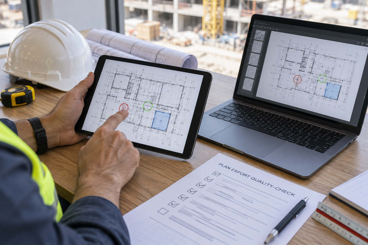 Coordinator checking a generic annotated plan on tablet against a PDF handoff preview on a laptop