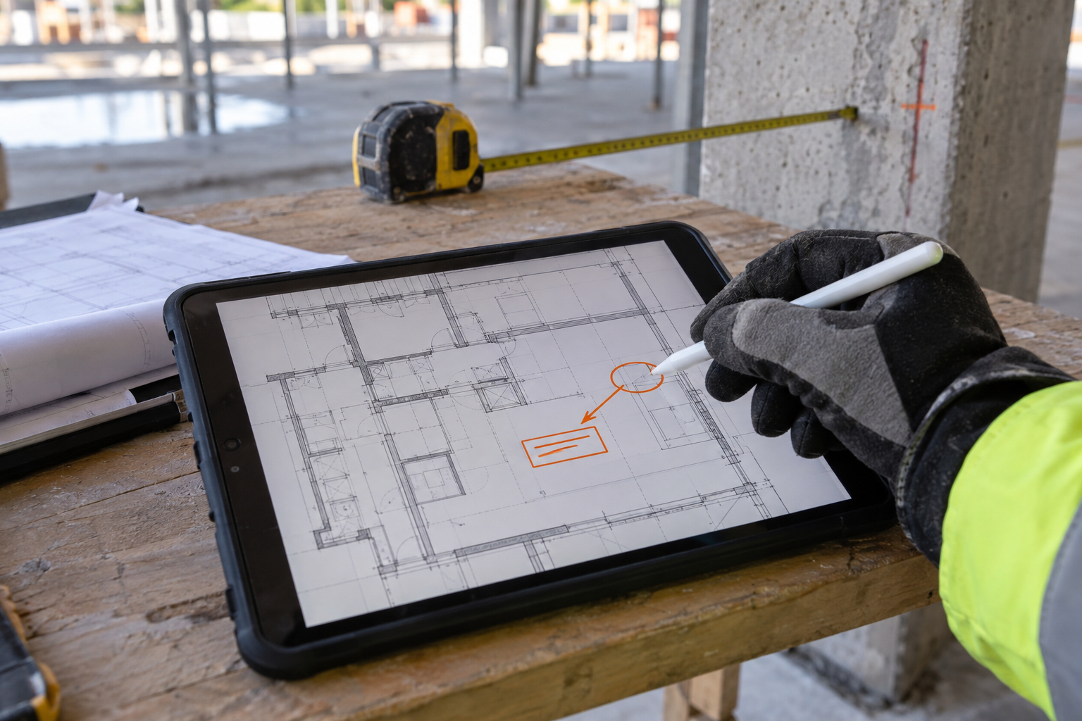 Stylus placing a location callout on a generic architectural plan shown on a tablet