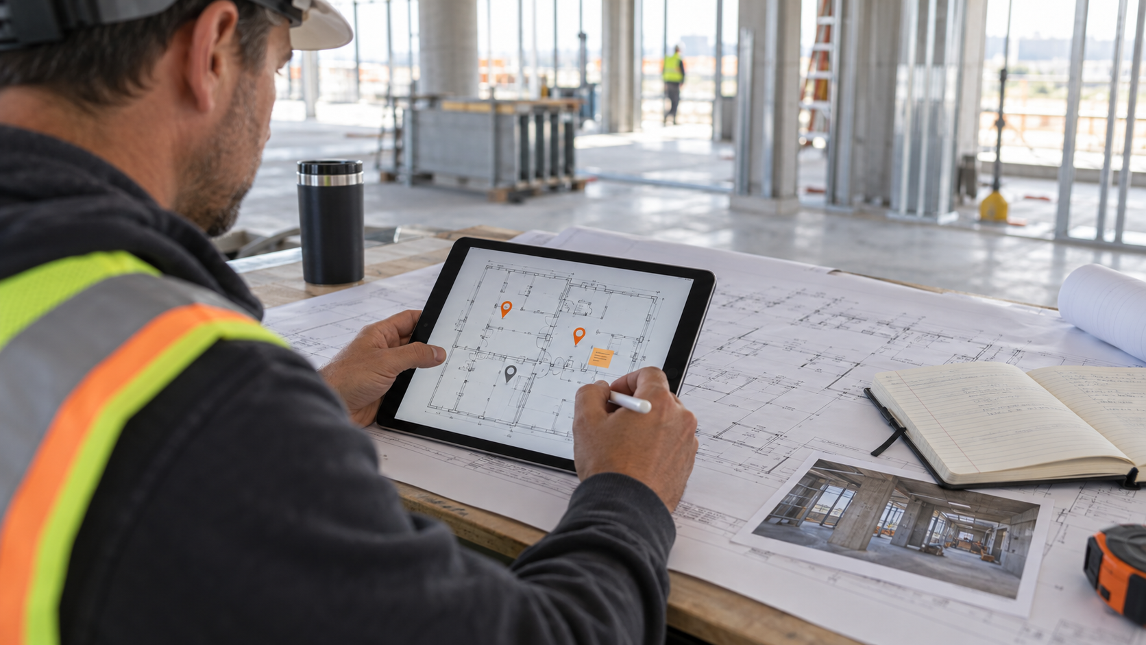 Construction professional annotating a plan on a tablet beside field evidence and a floor plan