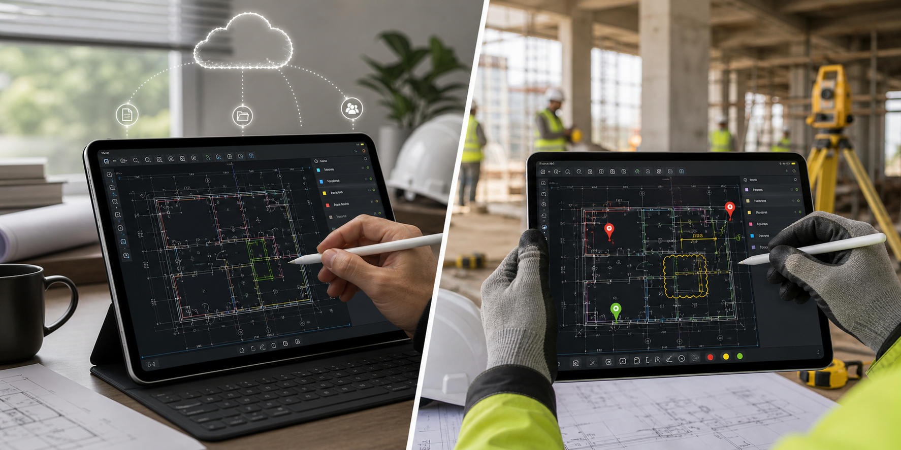 iPad DWG workflow split between AutoCAD-style mobile editing and focused field review with measurements, notes, and export