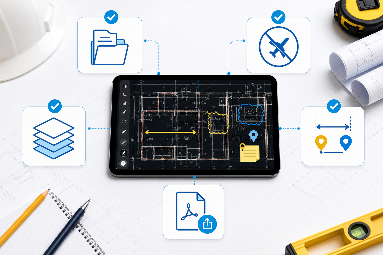iPad next to a practical DWG field test checklist covering import, layers, measurement, notes, and export