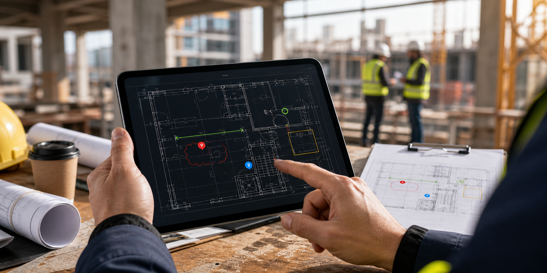 Field review scene showing an iPad DWG, a measurement cue, note markers, and a clean export handoff