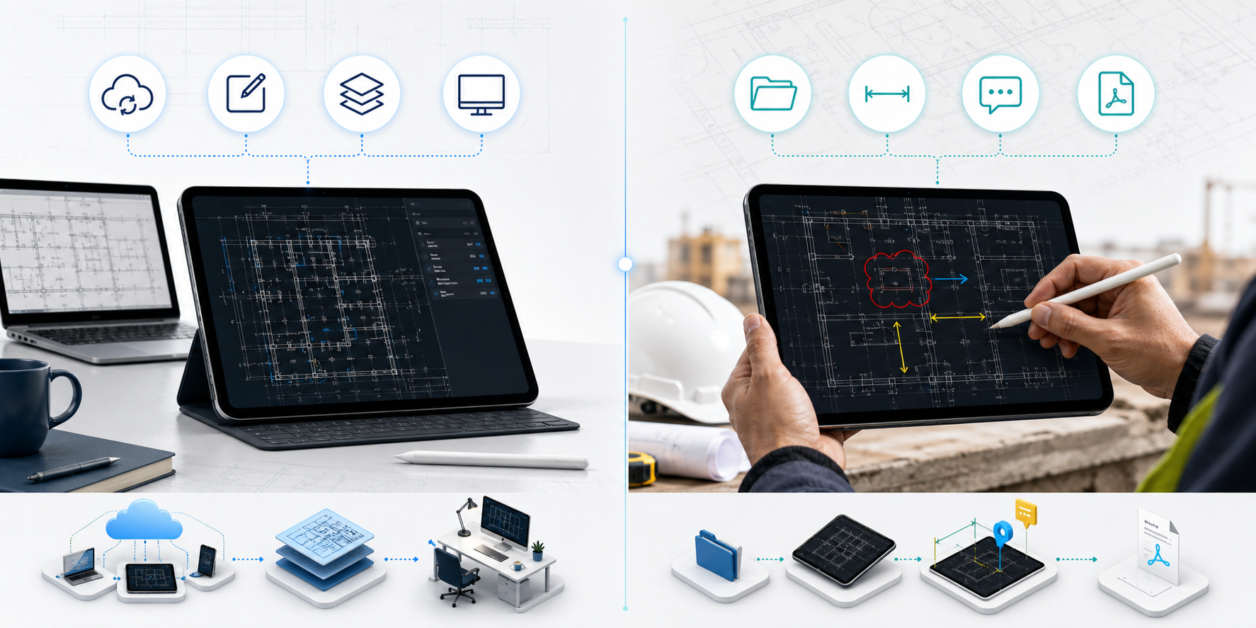 Editorial comparison between desk-side CAD editing and local iPad field review on a construction plan