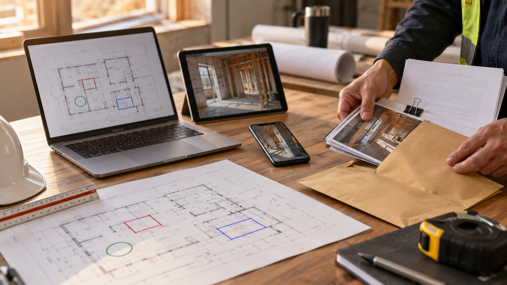 Mac, iPad, iPhone, and a reviewed construction plan prepared for a project handoff