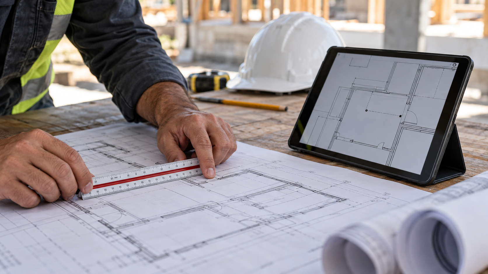 Construction professional checking a plan dimension with a scale ruler beside a tablet