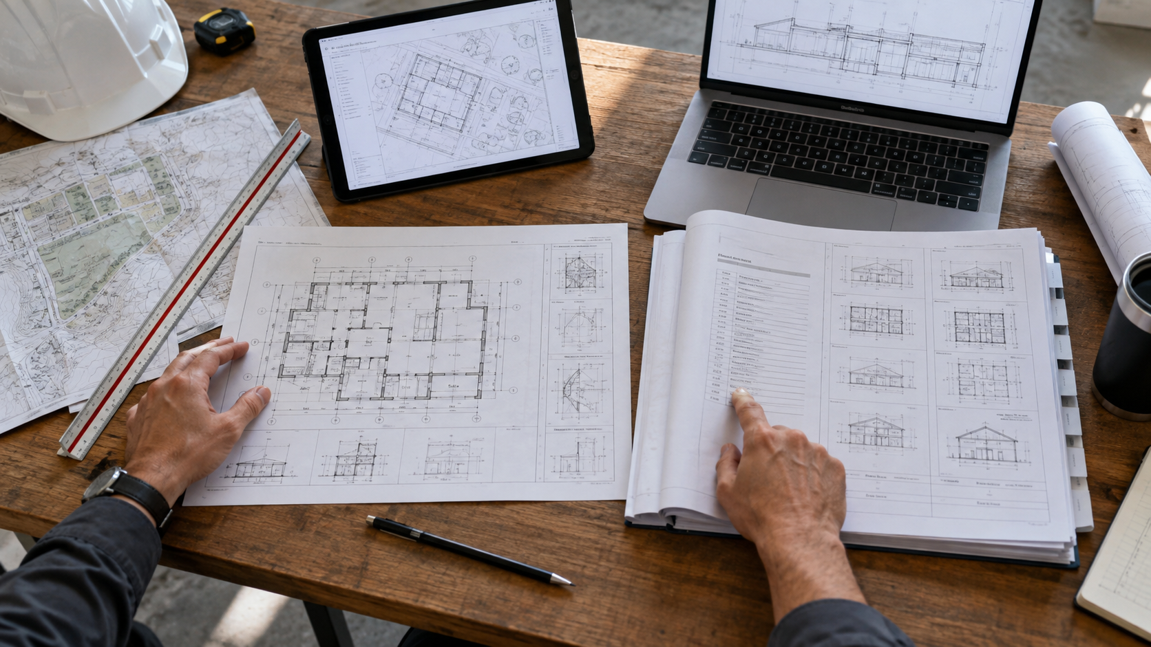 DWG drawing and issued PDF plan set compared on a construction review desk