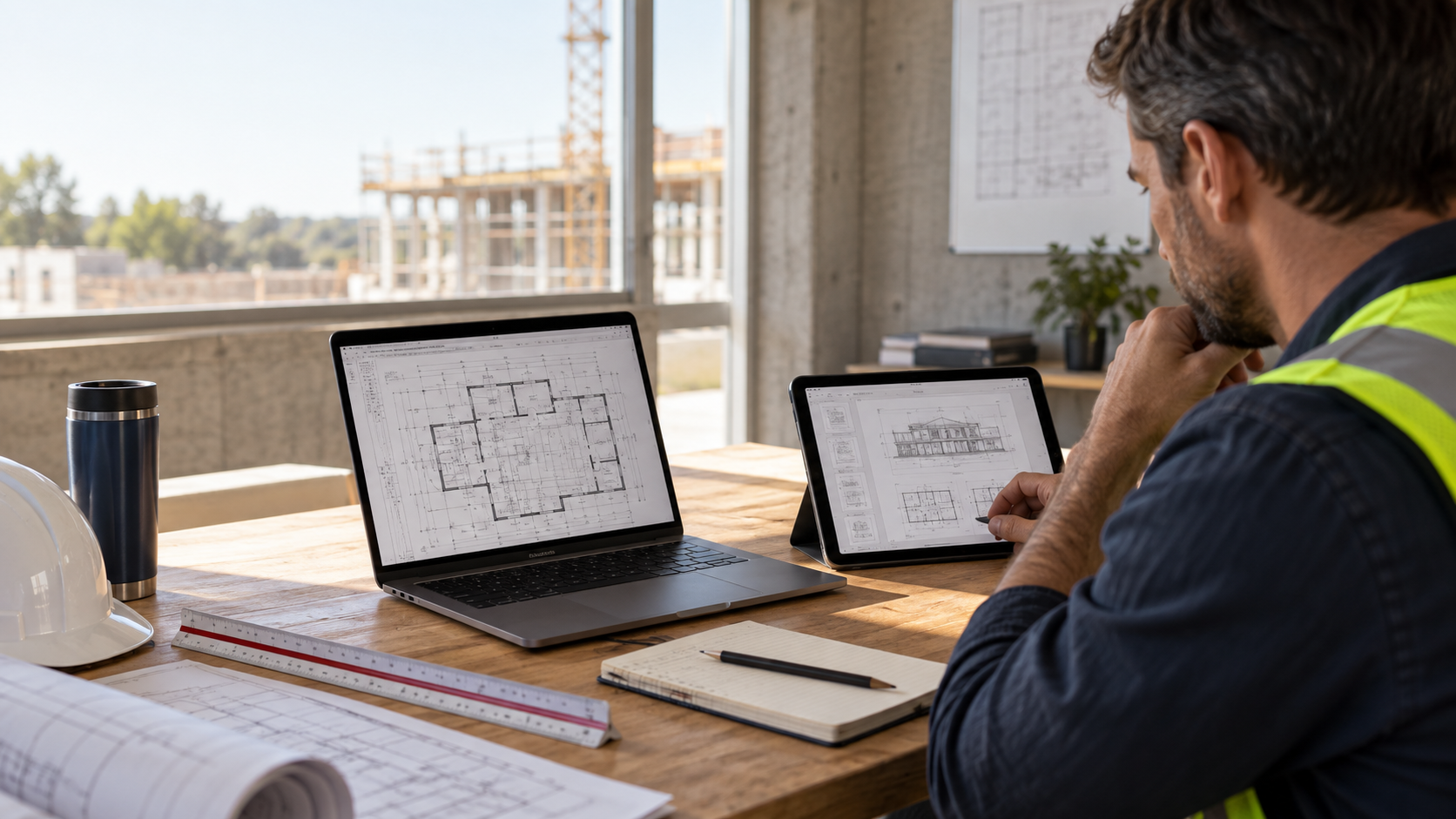 Construction professional comparing a DWG drawing on a Mac with a multipage PDF plan on an iPad