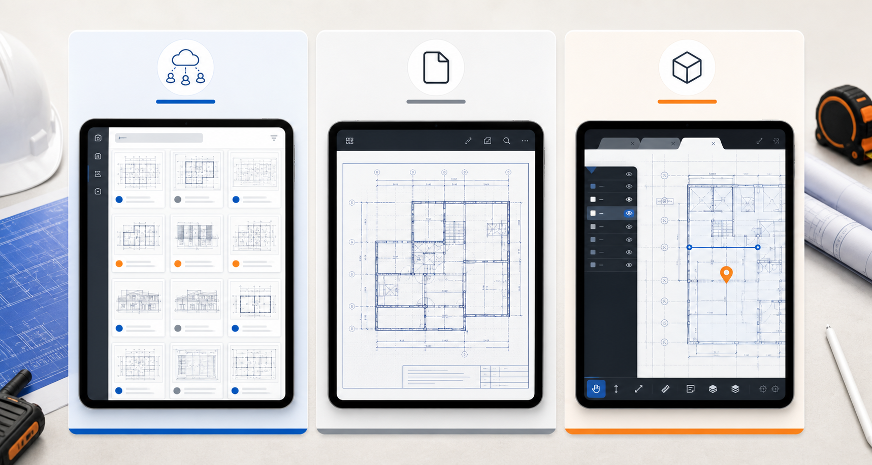 Category map comparing blueprint app, PDF plan viewer, and DWG review app workflows on iPad
