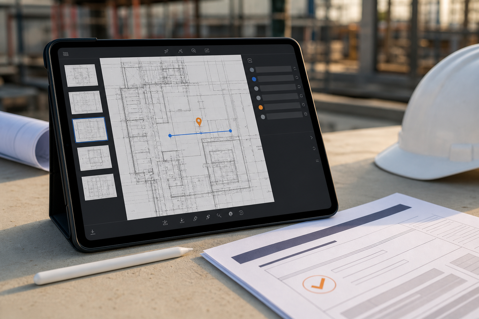 Field workflow on iPad showing a DWG drawing review with layout tabs, a measurement point, note pin, and exported handoff