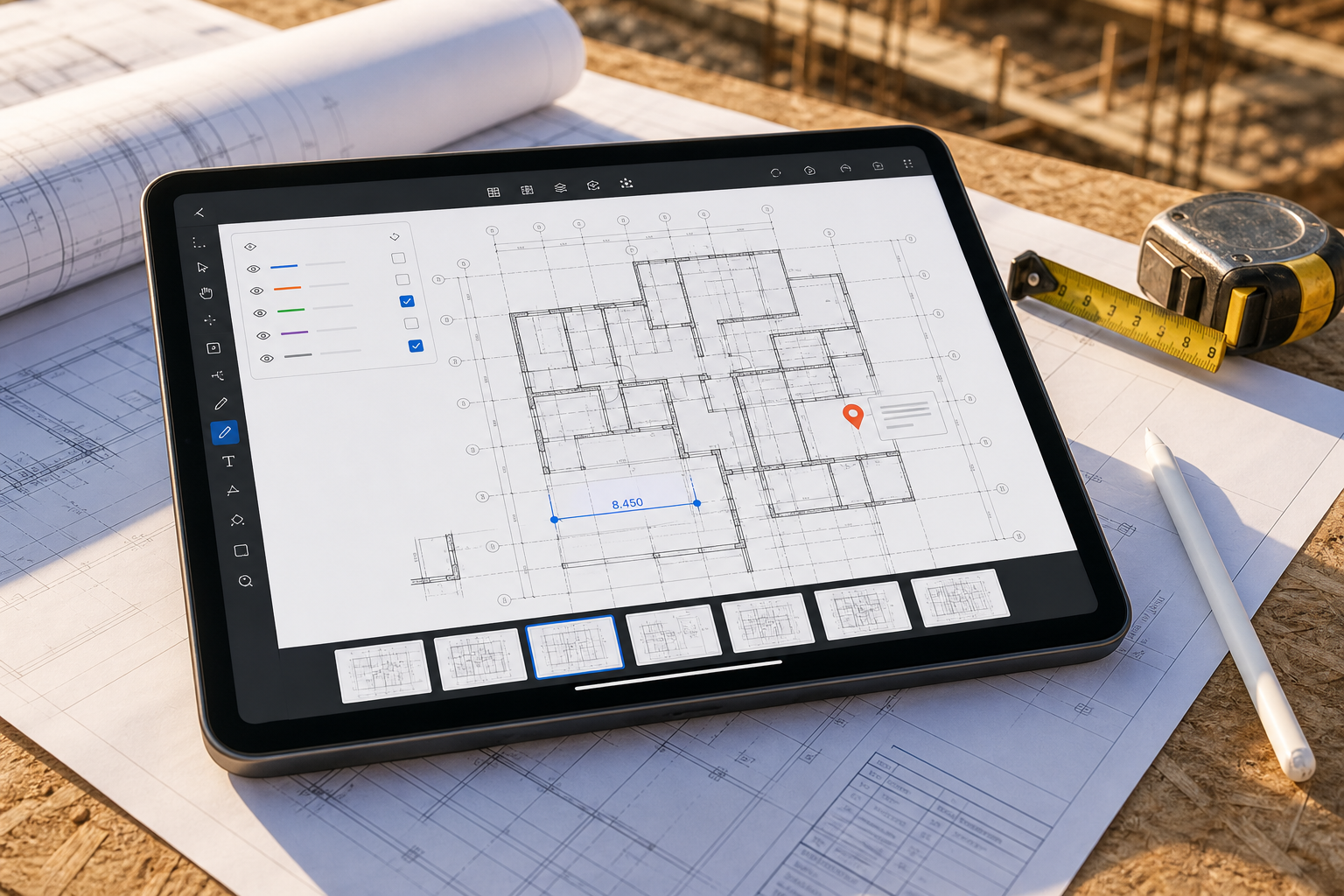iPad showing a detailed construction drawing with layout tabs, layer controls, a measurement marker, and a site note pin on a blueprint-style desk