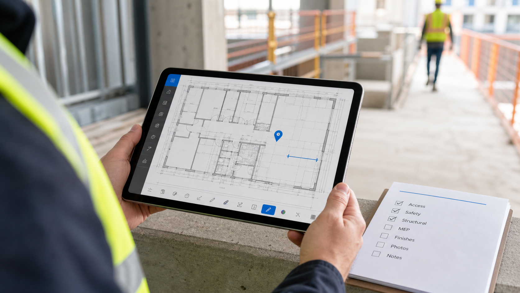 iPad on a jobsite showing a DWG plan with a note pin, a measurement cue, and a site inspection checklist