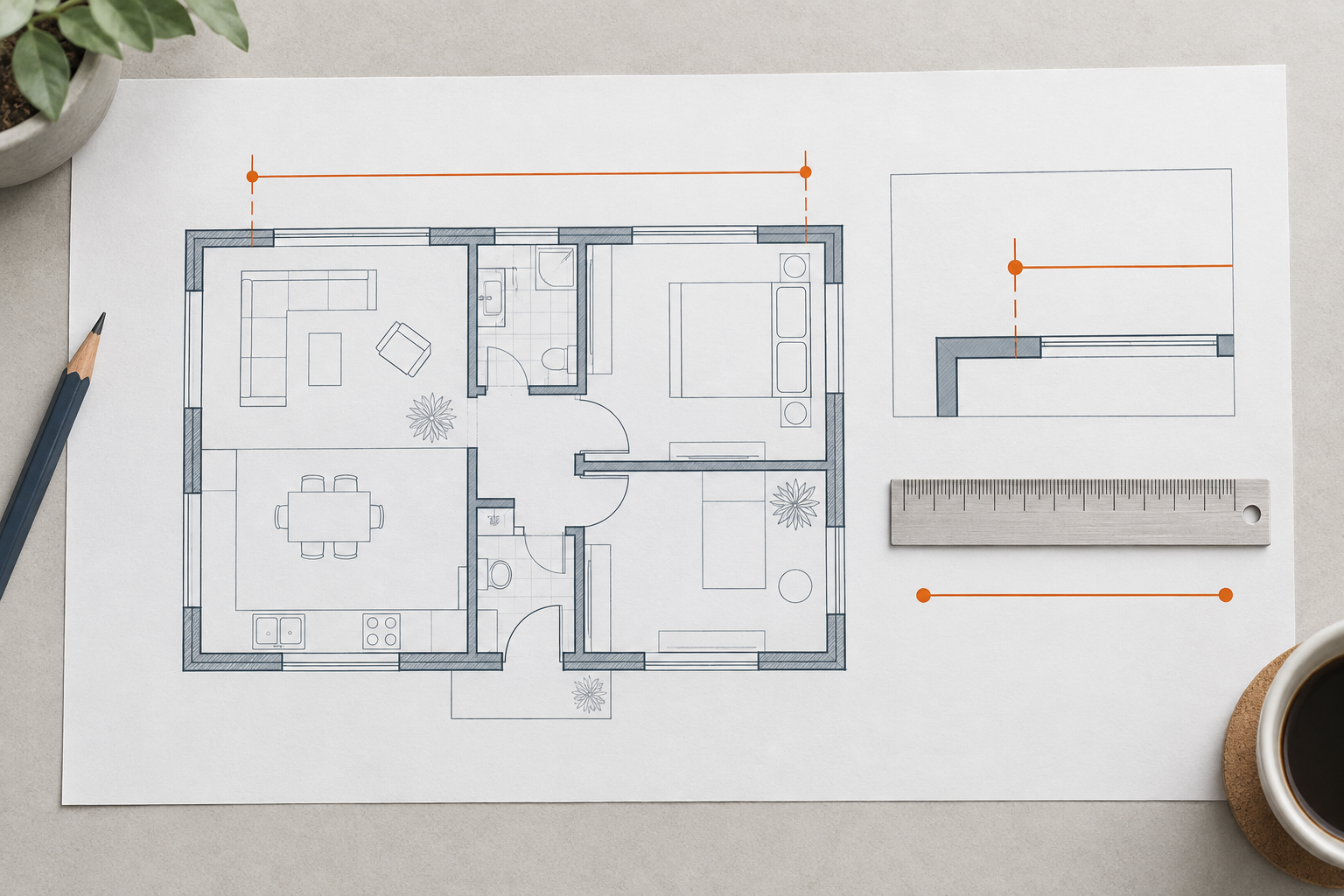 Architectural floor plan with two orange calibration endpoints and a reference ruler