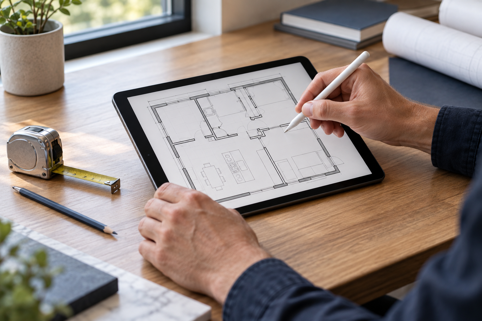 Person using an Apple Pencil to check a second known dimension on an iPad floor plan