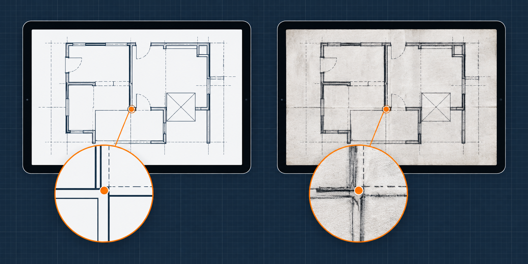 Sharp vector plan and textured scanned plan compared side by side with measurement point markers