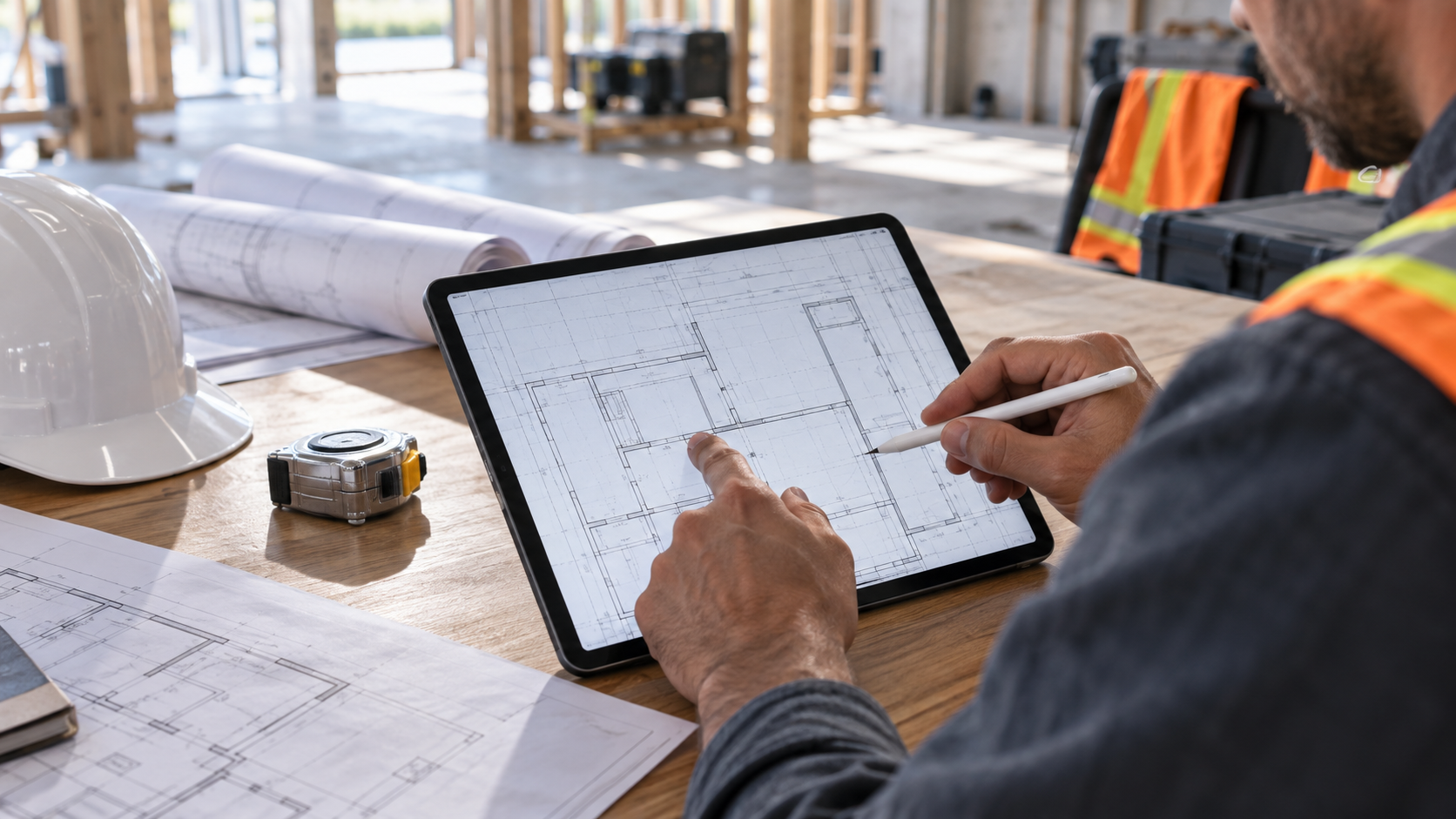 Construction professional calibrating a PDF floor plan on an iPad with an Apple Pencil