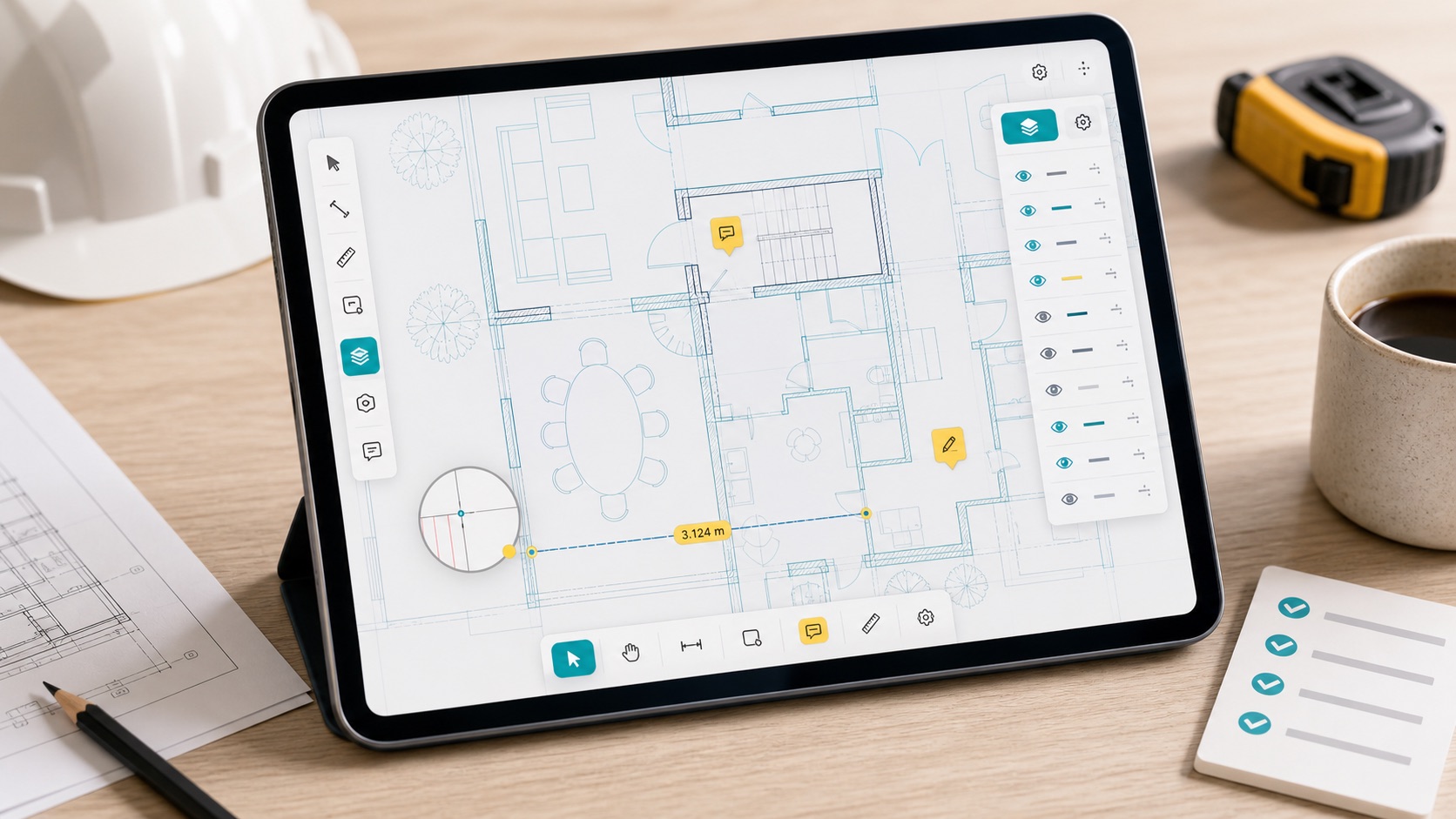 iPad showing a DWG floor plan with layer controls, measurement markers, note pins, and a field checklist