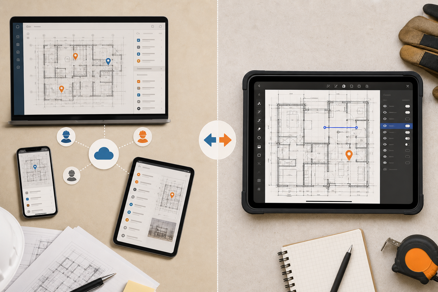 Editorial scene comparing a cloud construction coordination app workflow with a local iPad DWG review workflow