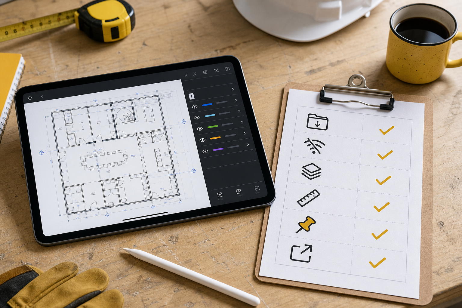 Checklist board for evaluating an iPad construction drawing app with local DWG import, offline access, layer control, notes, and export