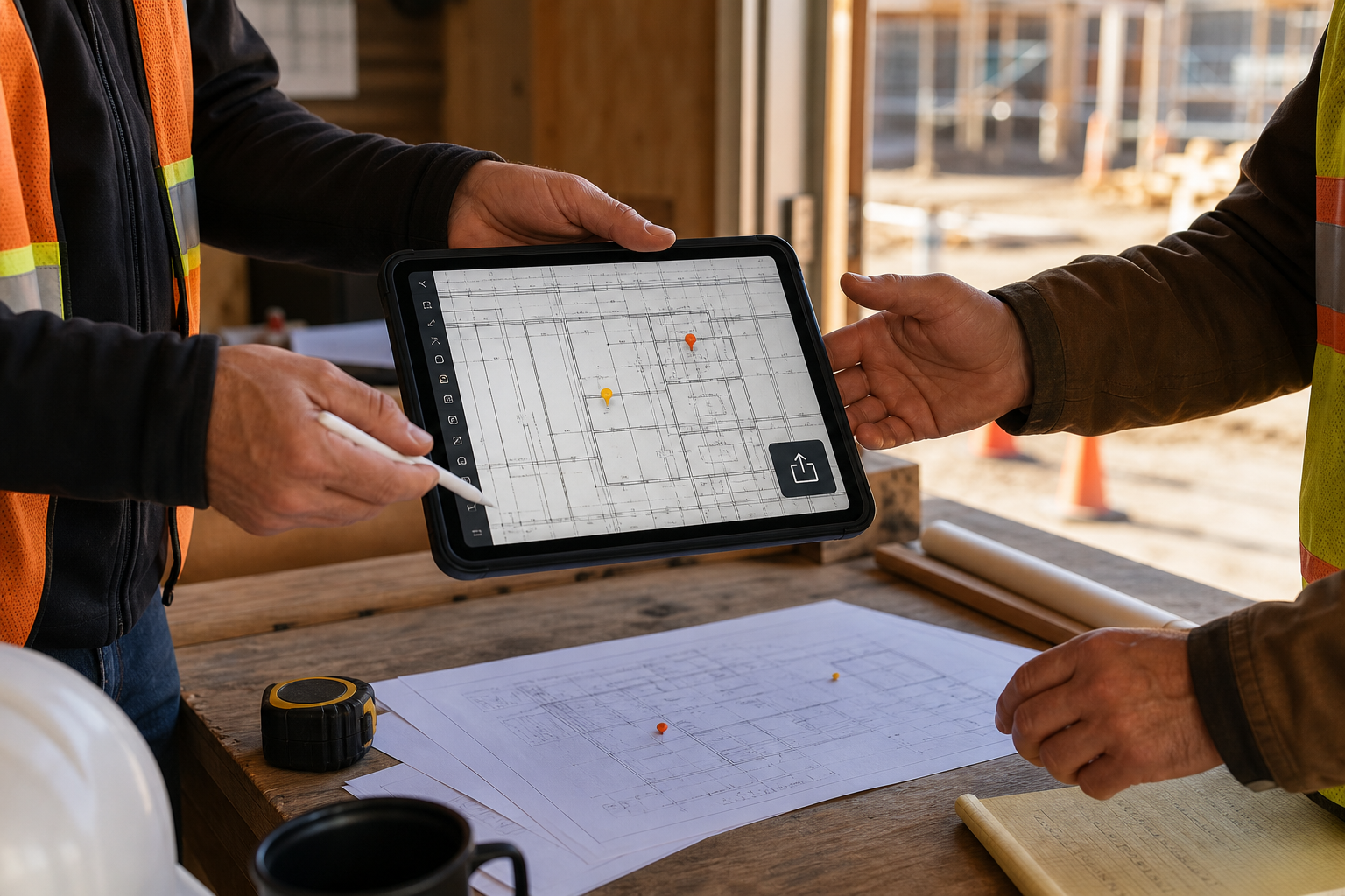 iPad field-review workflow showing a DWG plan, note pins, measurement marker, and a clean PDF handoff