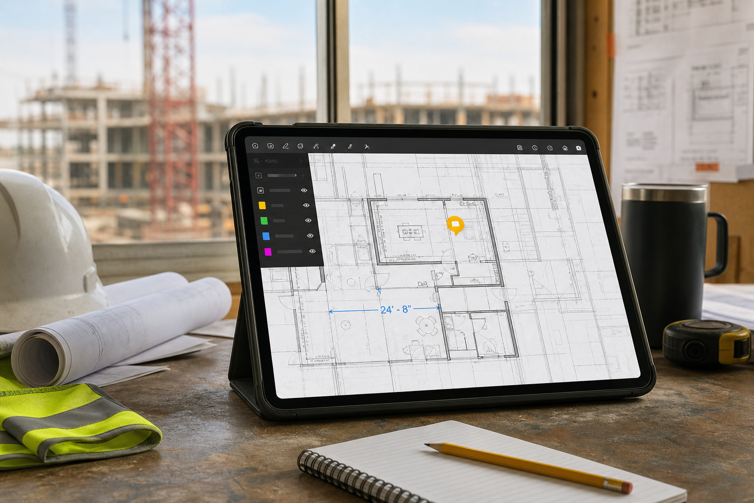 iPad on a construction site showing a DWG floor plan with a measurement marker, note pin, and field review tools