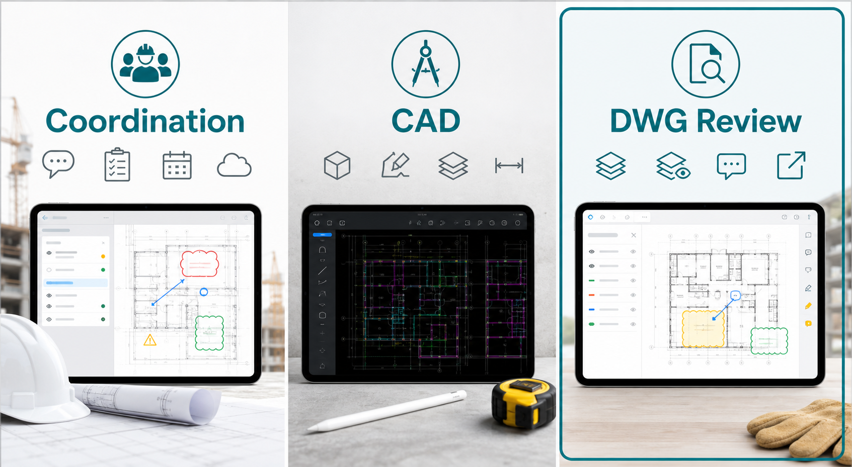 Editorial split scene comparing a task-heavy construction platform with a drawing-first iPad construction plan viewer workflow