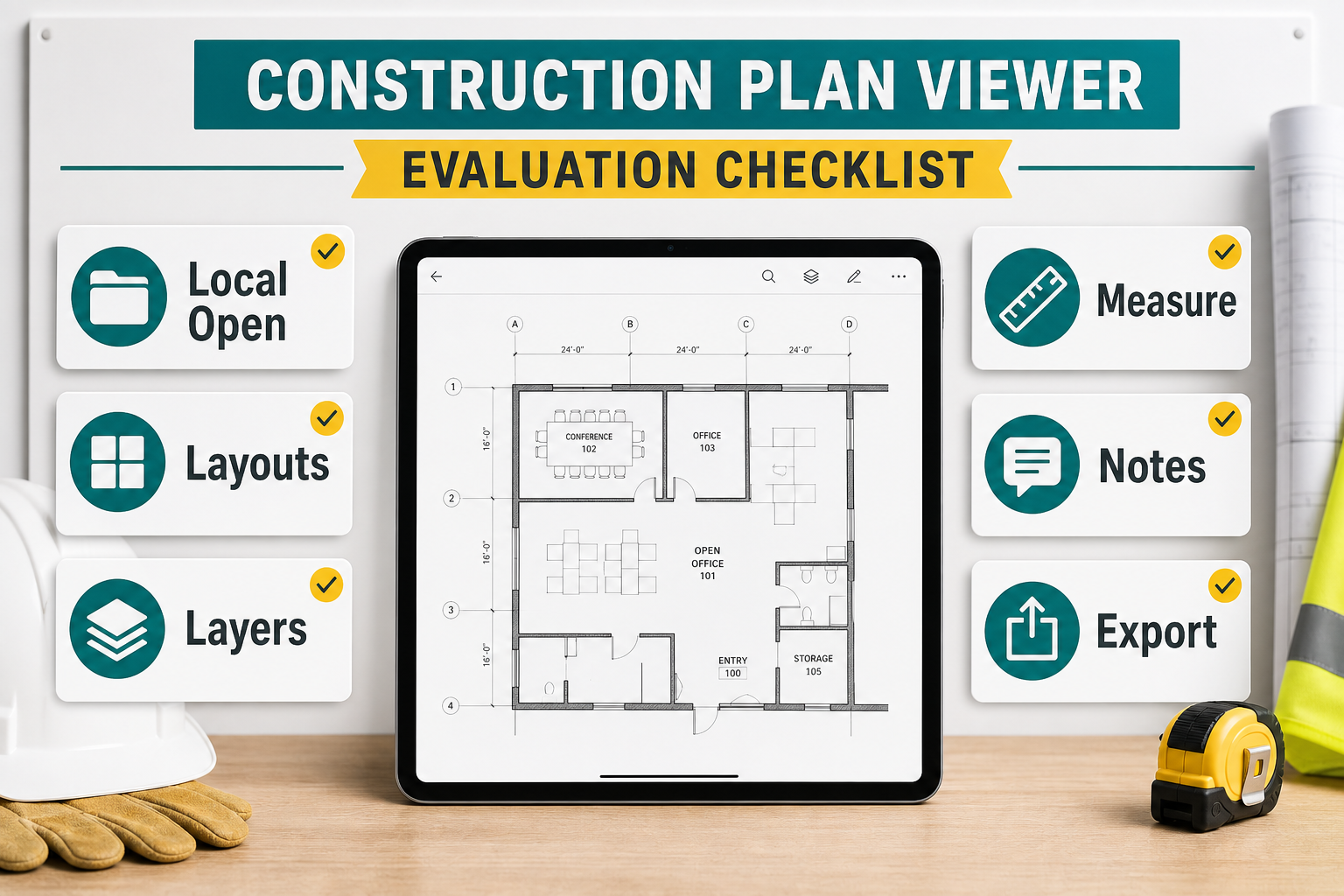 Checklist board for evaluating an iPad construction plan viewer with local DWG import, layouts, layers, measurements, notes, and export