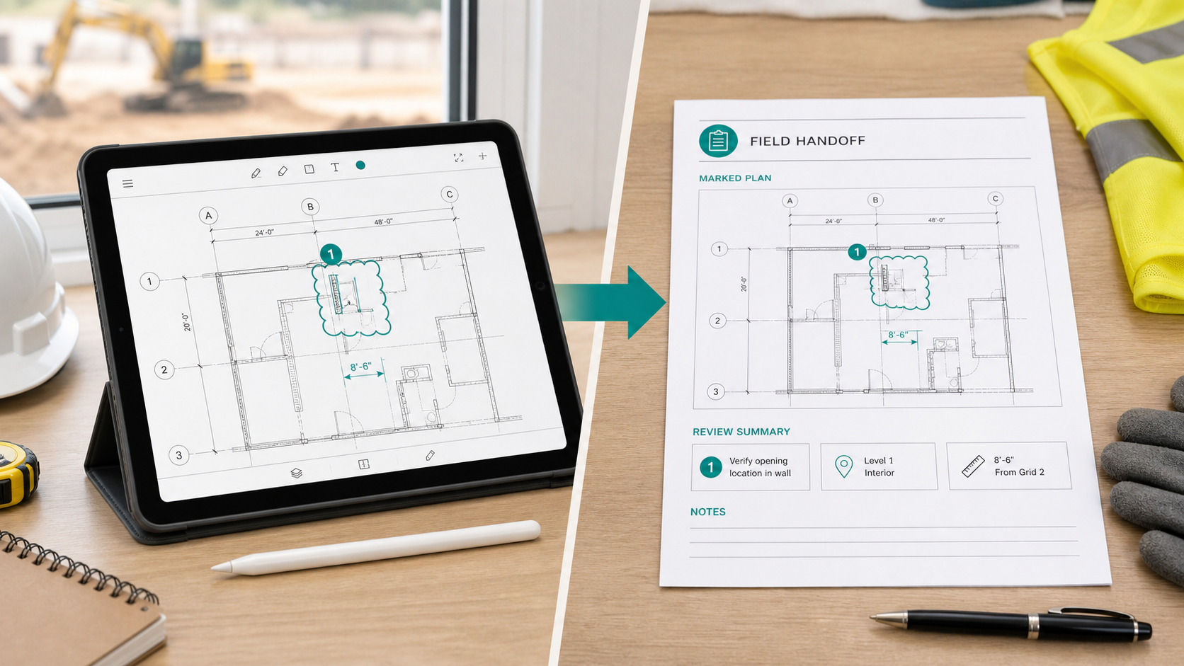 iPad construction plan review scene with a DWG, one note pin, and a clean exported handoff document