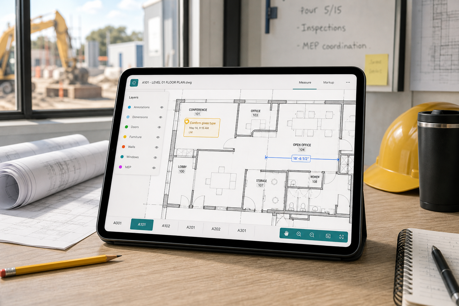 iPad on a jobsite table showing a construction DWG plan with layer controls, a note pin, and a field review checklist