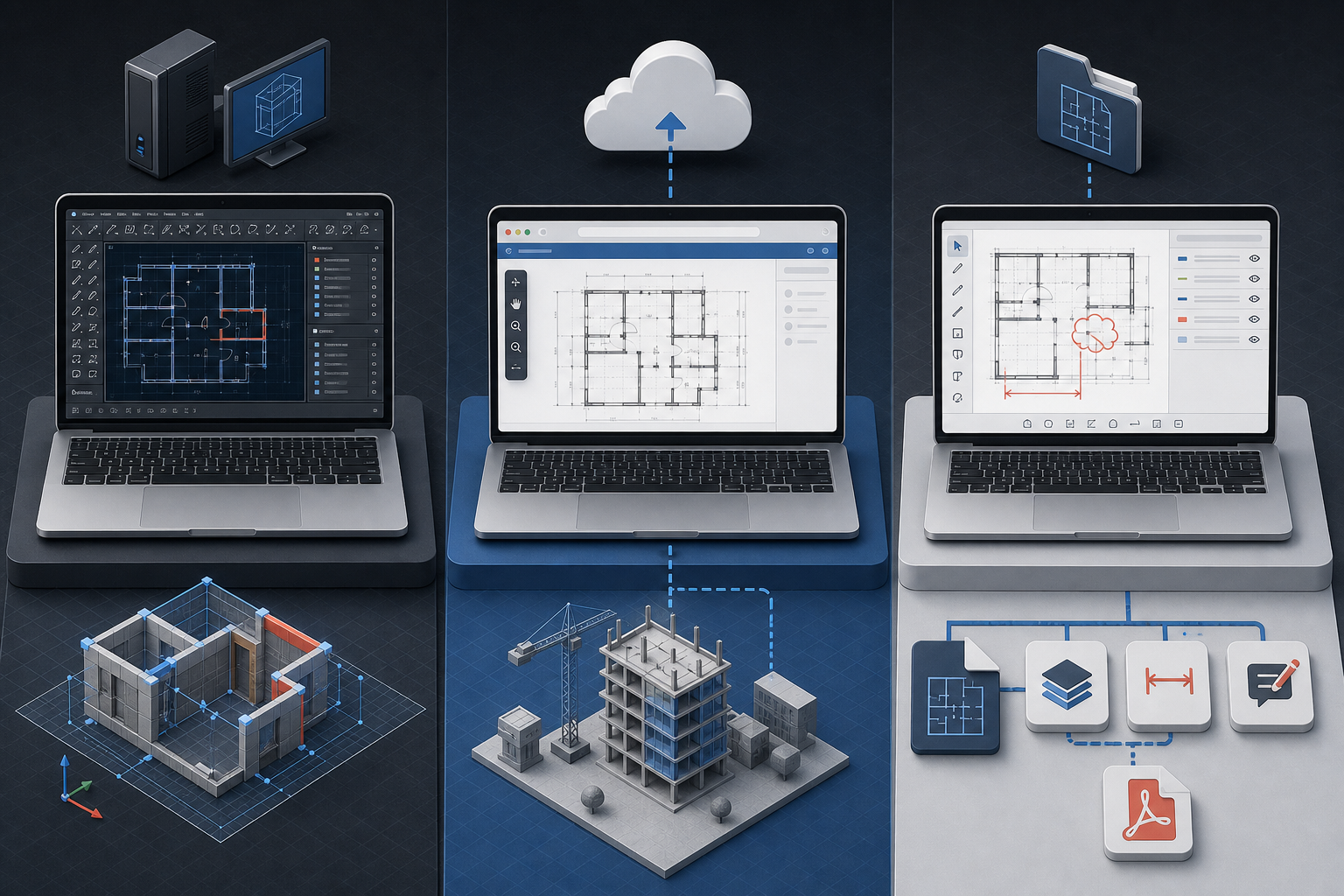 Three construction plan viewer categories on Mac: full CAD, browser viewing, and focused native review