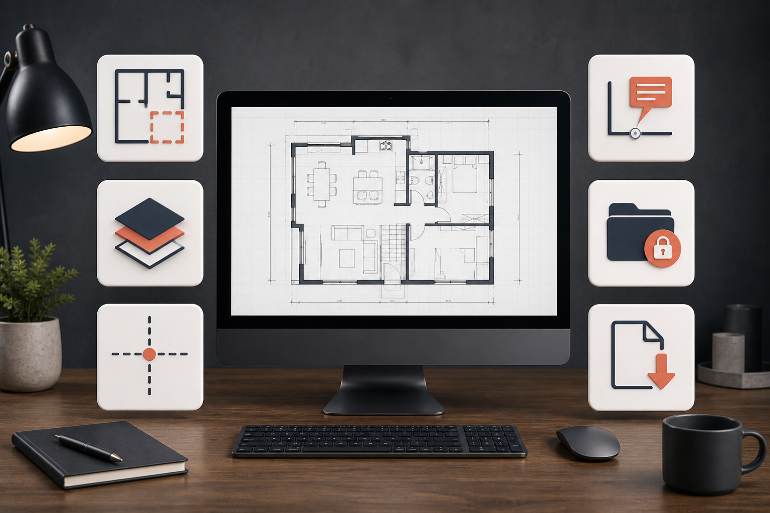 Mac construction plan surrounded by icons for layouts, layers, measurement, notes, local files, and export