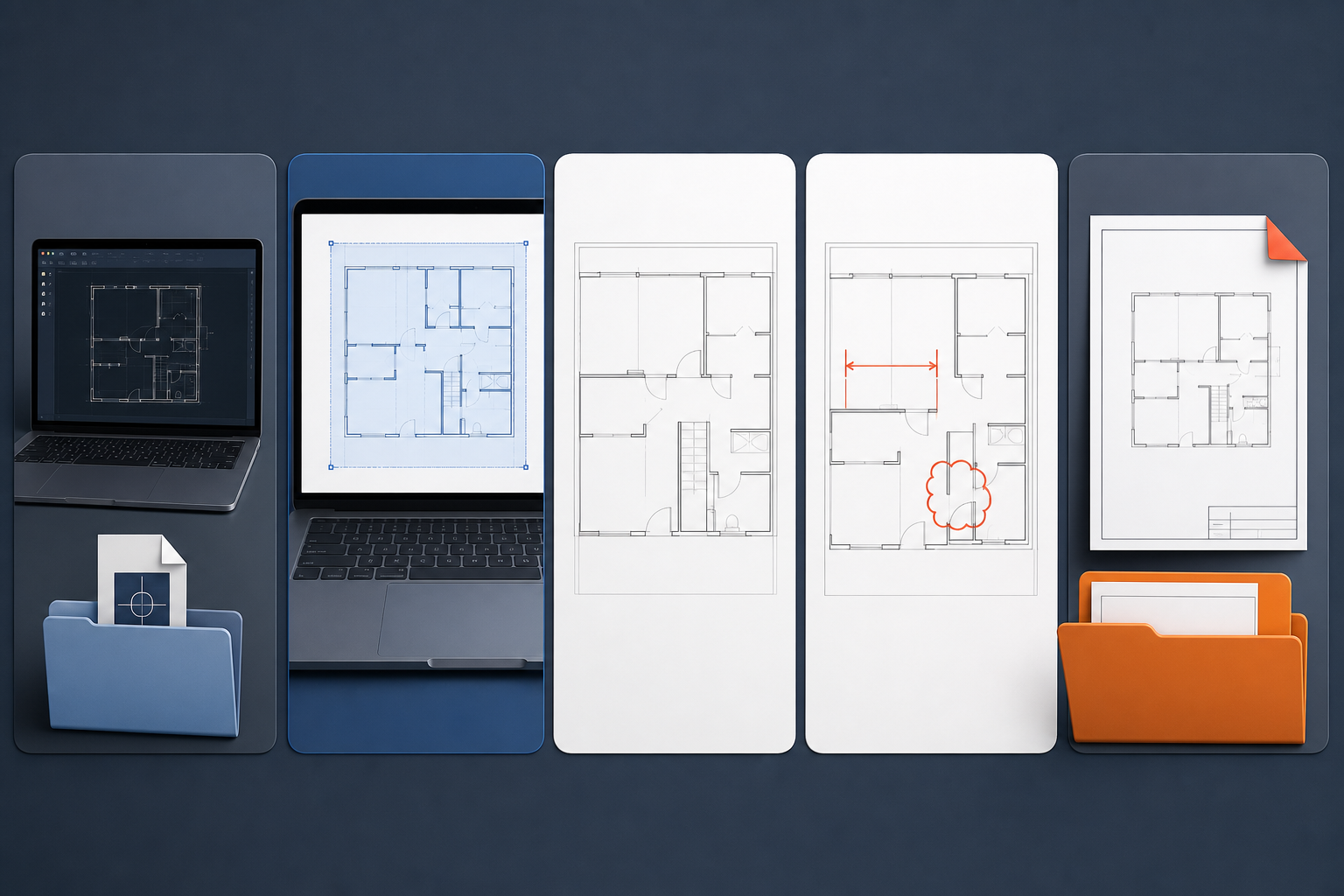 Construction DWG moving through layout review, measurement, markup, and PDF handoff on Mac