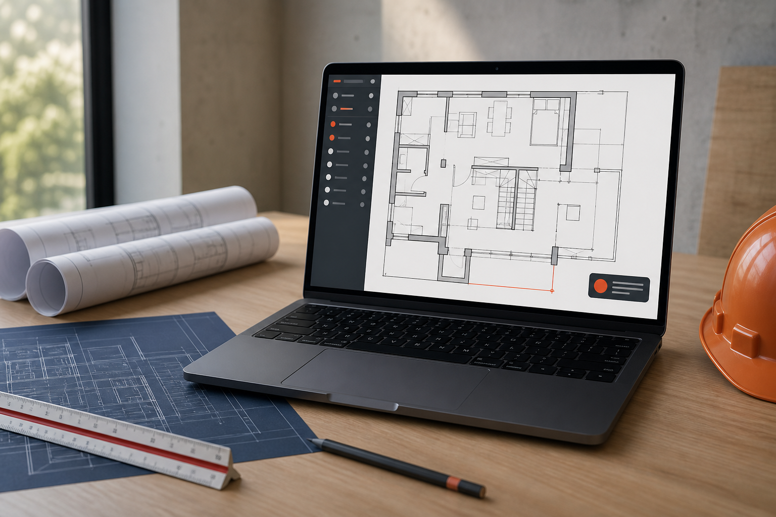 MacBook displaying a construction floor plan with layers and a measurement on a project desk