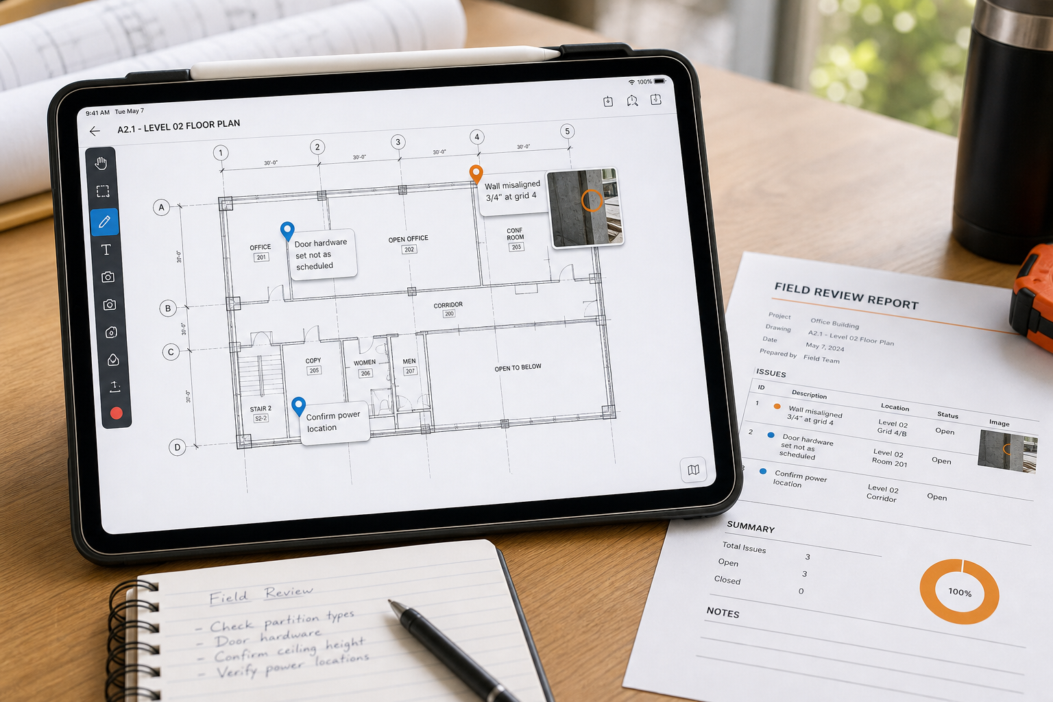iPad field review flow with note pins, one photo-backed issue, and a clean export outcome