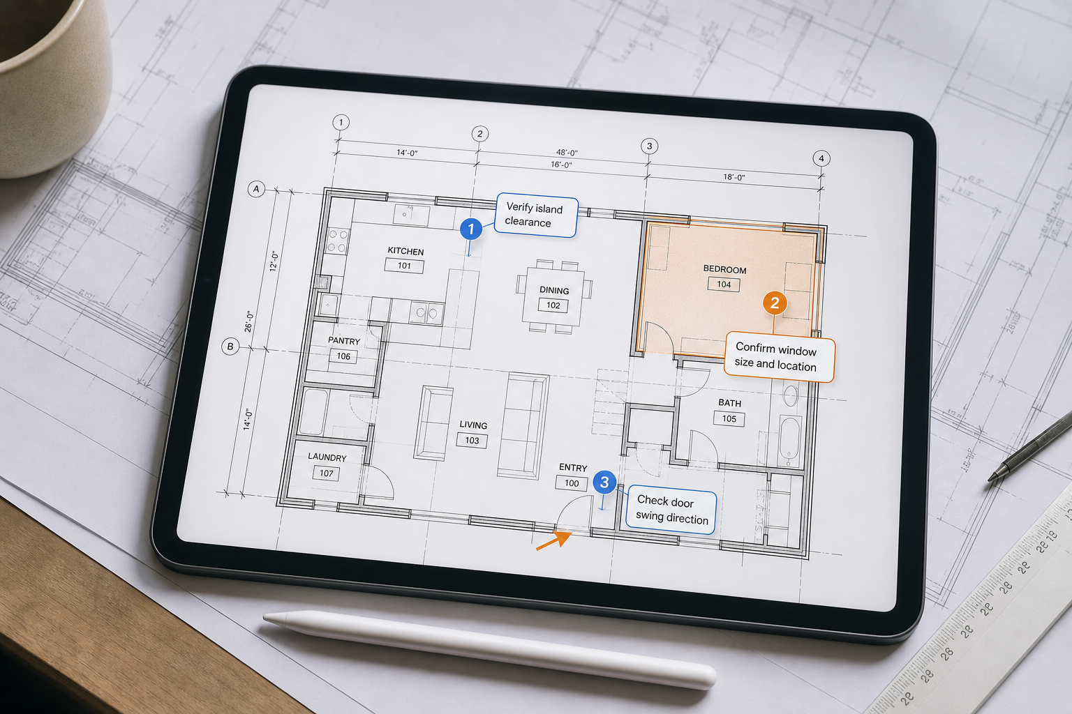 iPad DWG review scene with markup callouts layered above a readable plan