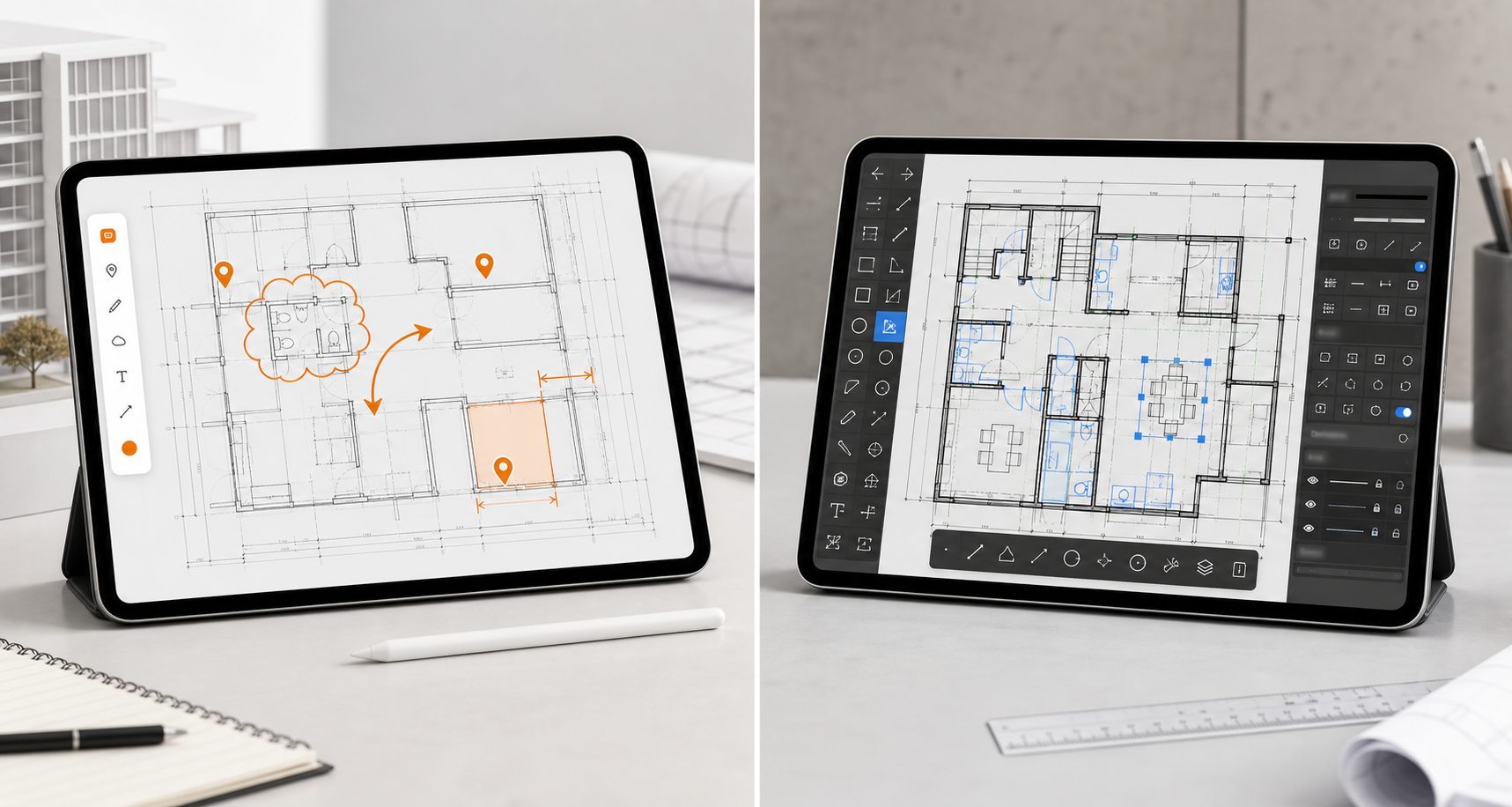 Editorial split between markup overlays on an iPad plan and a broader CAD editing workflow