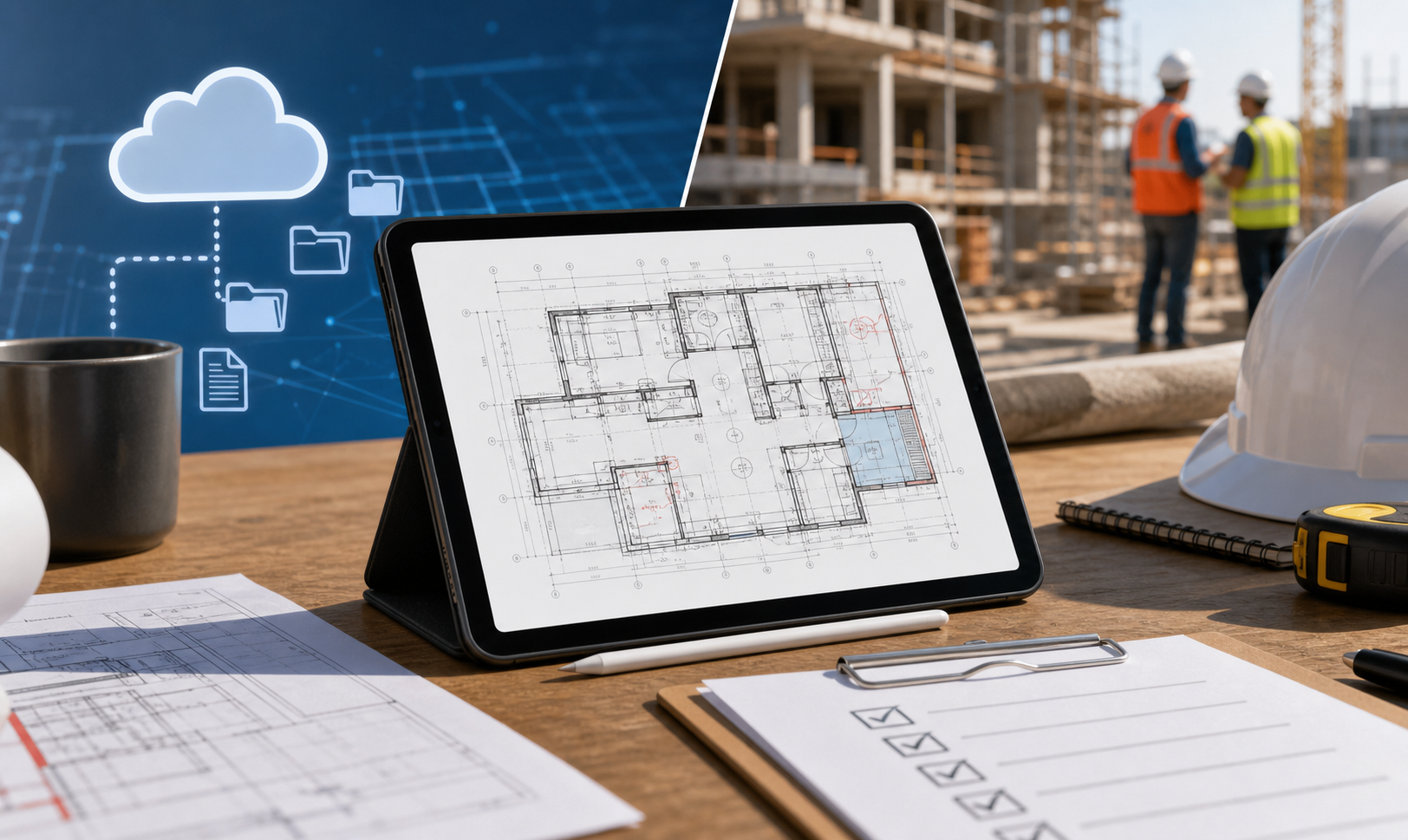 iPad with a DWG floor plan, a checklist, and a visual split between cloud CAD access and field review workflows