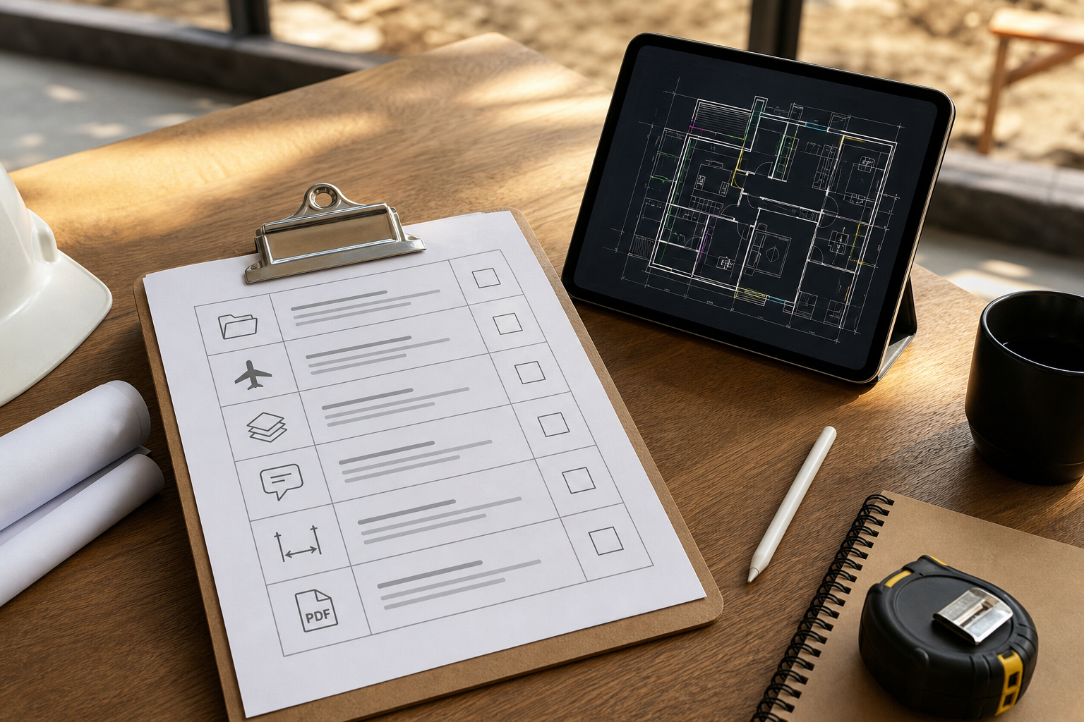 iPad next to a practical evaluation checklist for reviewing a DWG viewer on site
